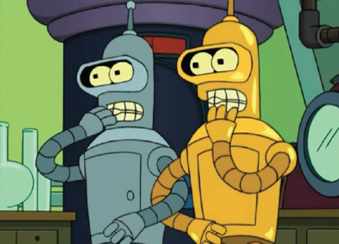The TV series Futurama explored the many-worlds interpretation of quantum physics in an episode that featured the robot character Bender meeting his (nearly) exact twin.