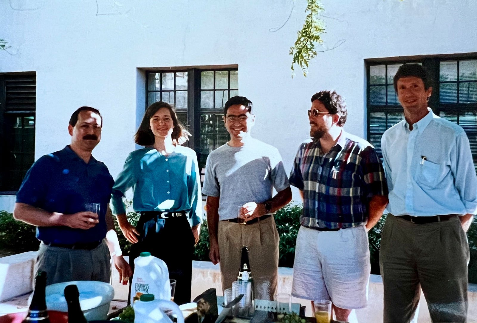  Patapoutian (center) with his committee at Caltech after defending his PhD thesis. From left to right: Elliot Meyerowitz, Barbara Wold, Ardem Patapoutian, David Anderson, Scott Fraser.  Photo courtesy Ardem Patapoutian.  