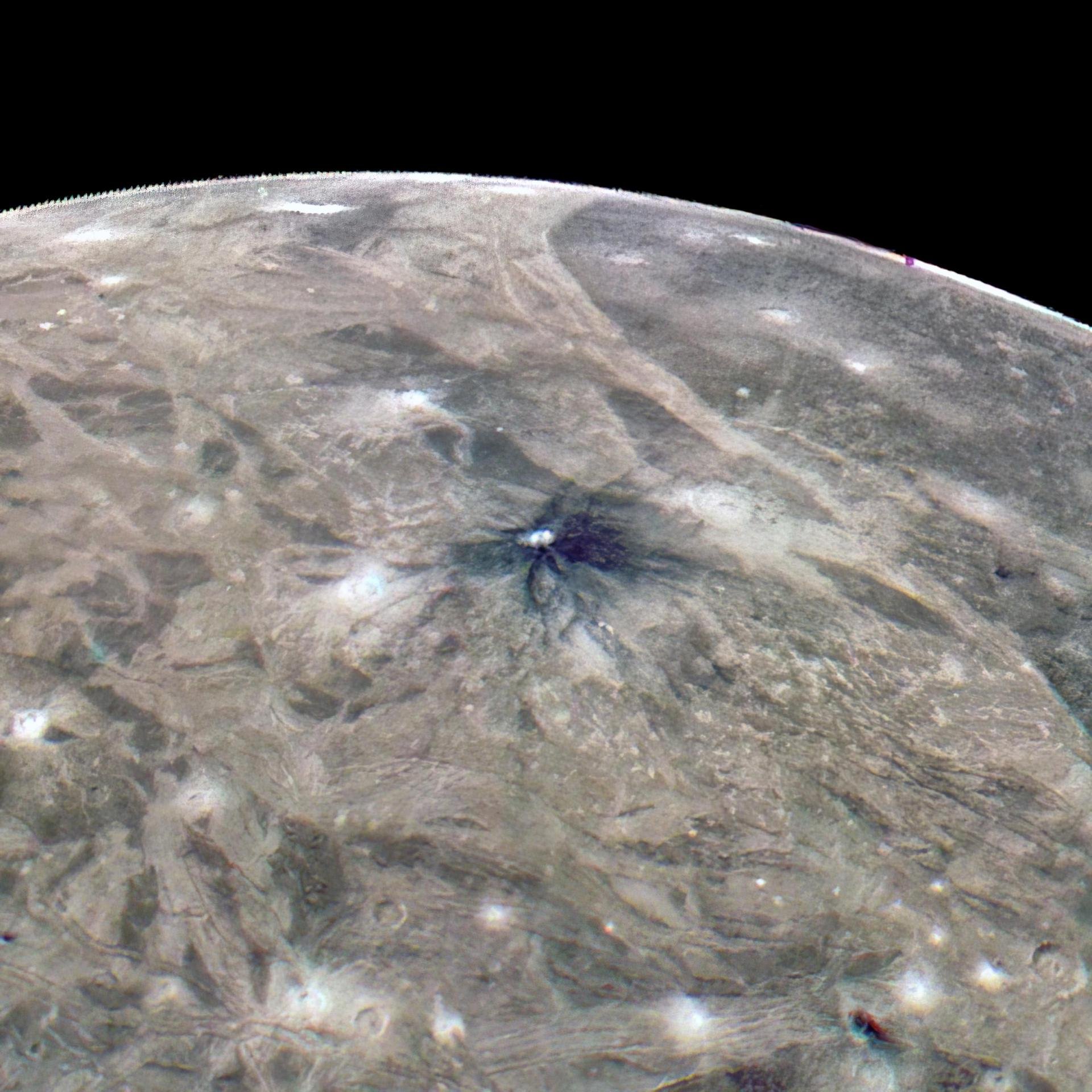  This look at the complex surface of Jupiter's moon Ganymede came from NASA's Juno mission during a close pass by the giant moon in June 2021. At closest approach, the spacecraft came within just 650 miles (1,046 kilometers) of Ganymede's surface. Mo