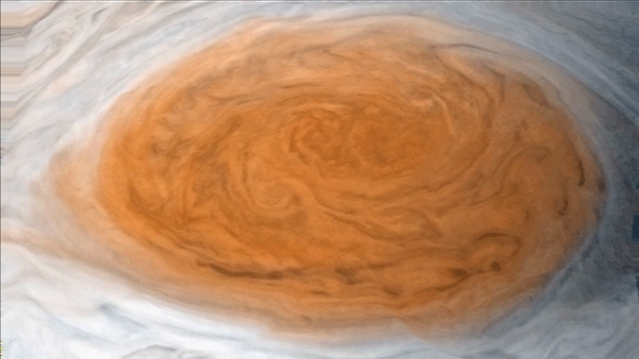  Winds around Jupiter's Great Red Spot are simulated in this JunoCam view that has been animated using a model of the winds there. The wind model, called a velocity field, was derived from data collected by NASA's Voyager spacecraft and Earth-based t