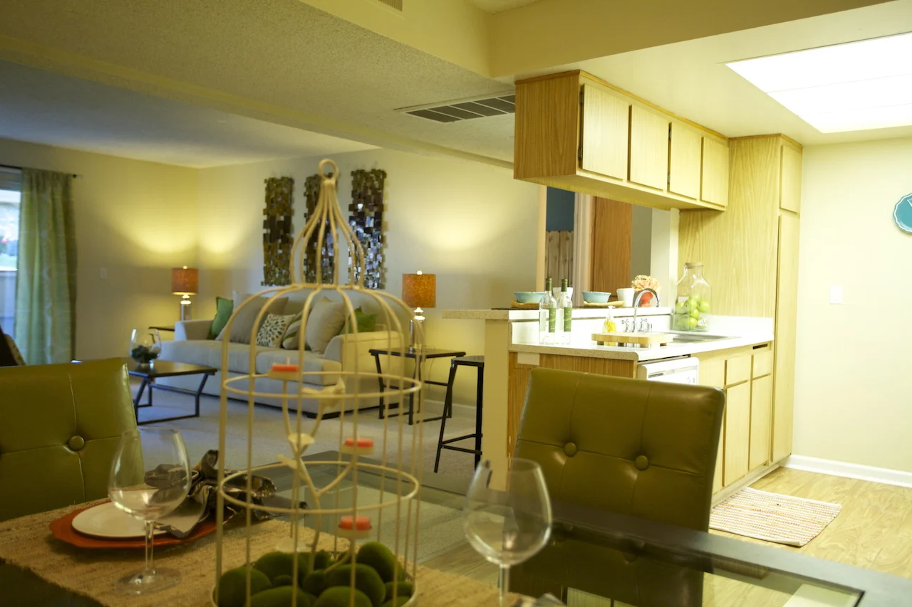 view of kitchen and living room from dining room