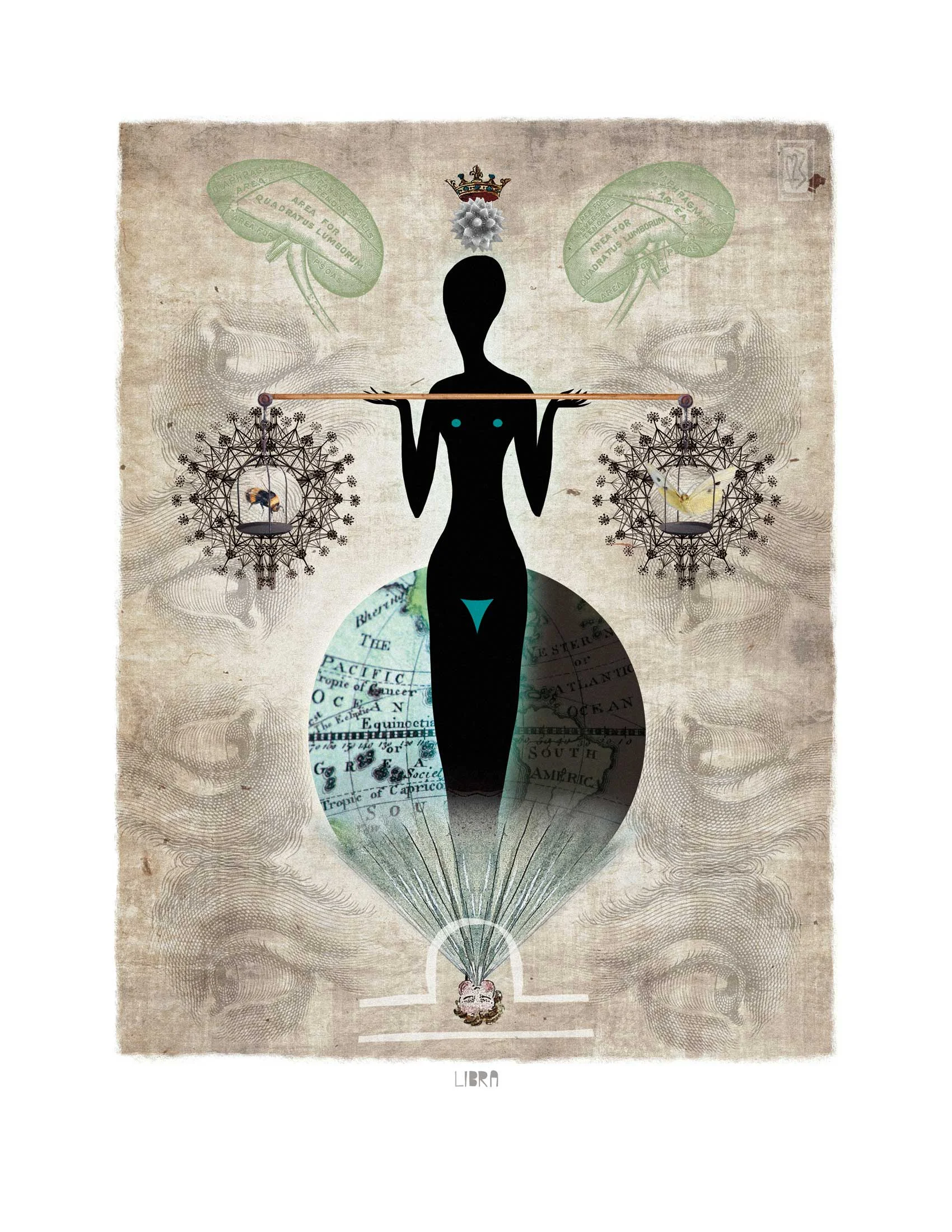 Libra- 2016 Zodiac Series-A self motivated project depicting the mythology, symbol, element, quality, planet and aspect of the human anatomy influenced by each symbol. © KAth Boake Wuthrich