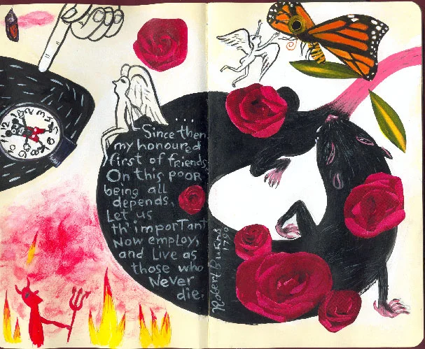 “Friends” Excerpt Robert Burns- Moleskine Exchange 2009 - 14 artists connected by Facebook, participated in a mail exchange creating 3 double pages per Moleskine sketchbook.