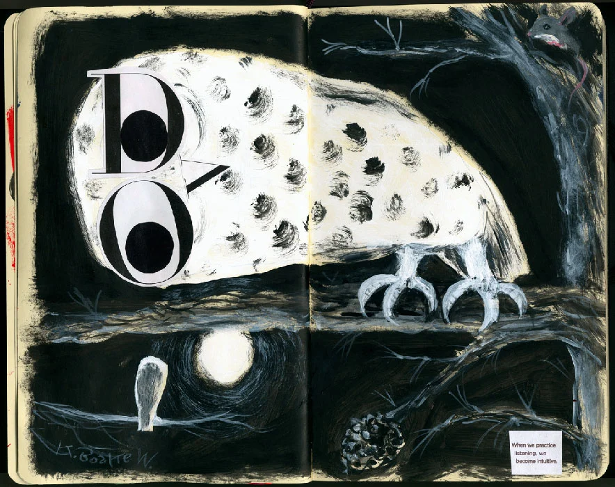 "Listen"-Moleskine Exchange 2009 - 14 artists connected by Facebook, participated in a mail exchange creating 3 double pages per Moleskine sketchbook.