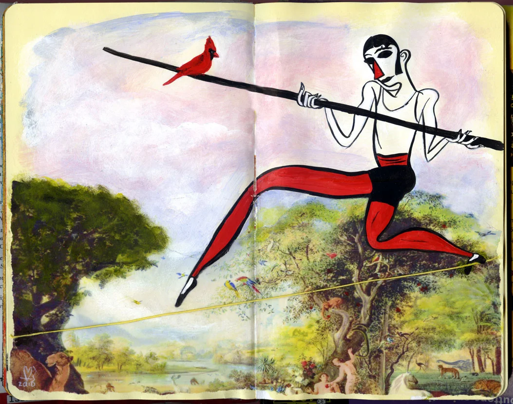 "Balance" -Moleskine Exchange 2009 - 14 artists connected by Facebook, participated in a mail exchange creating 3 double pages per Moleskine sketchbook.