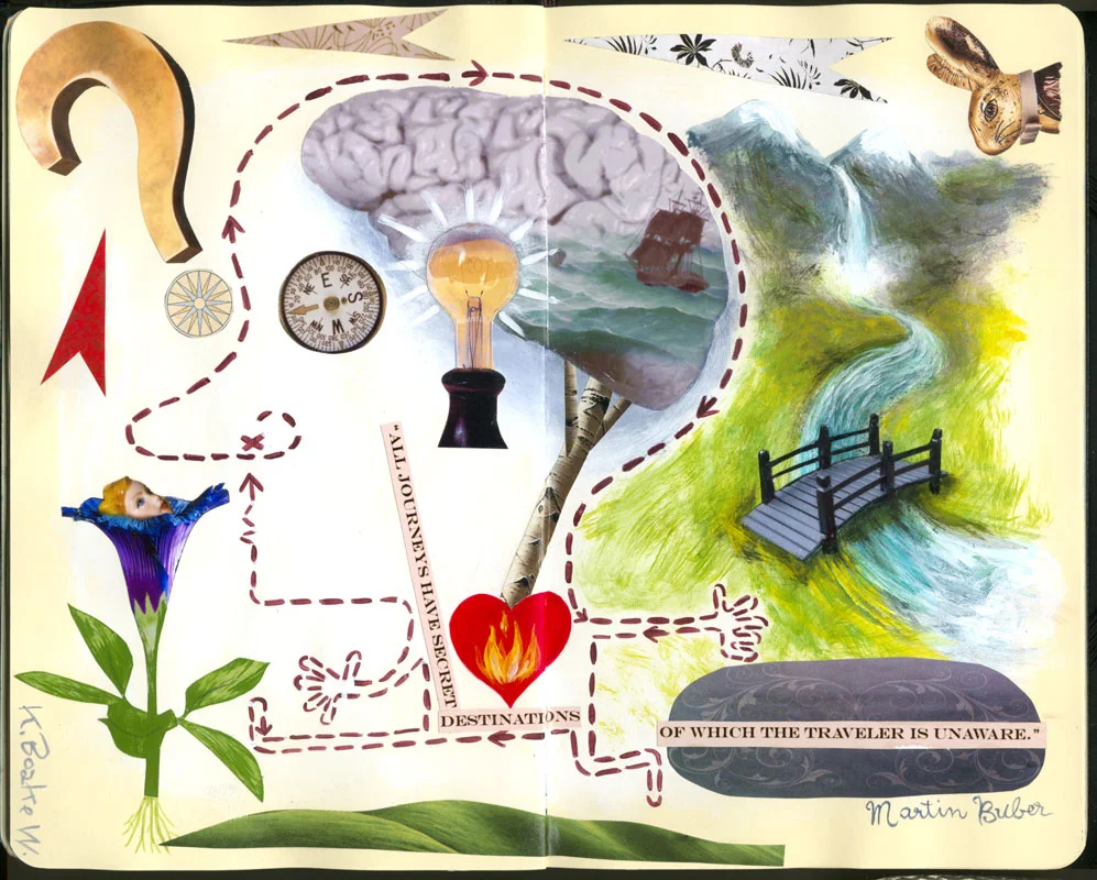 "Journey"- Moleskine Exchange 2009 - 14 artists connected by Facebook, participated in a mail exchange creating 3 double pages per Moleskine sketchbook.