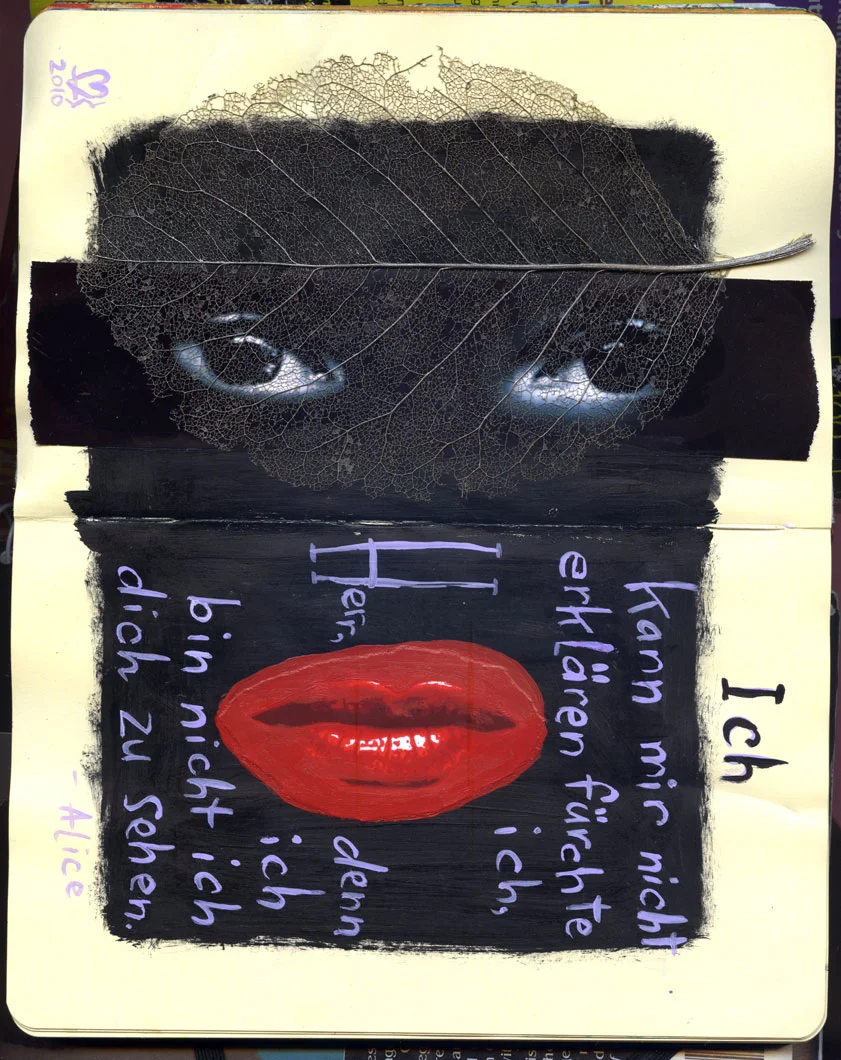 "Who Are You?"- Moleskine Exchange 2009 - 14 artists connected by Facebook, participated in a mail exchange creating 3 double pages per Moleskine sketchbook.