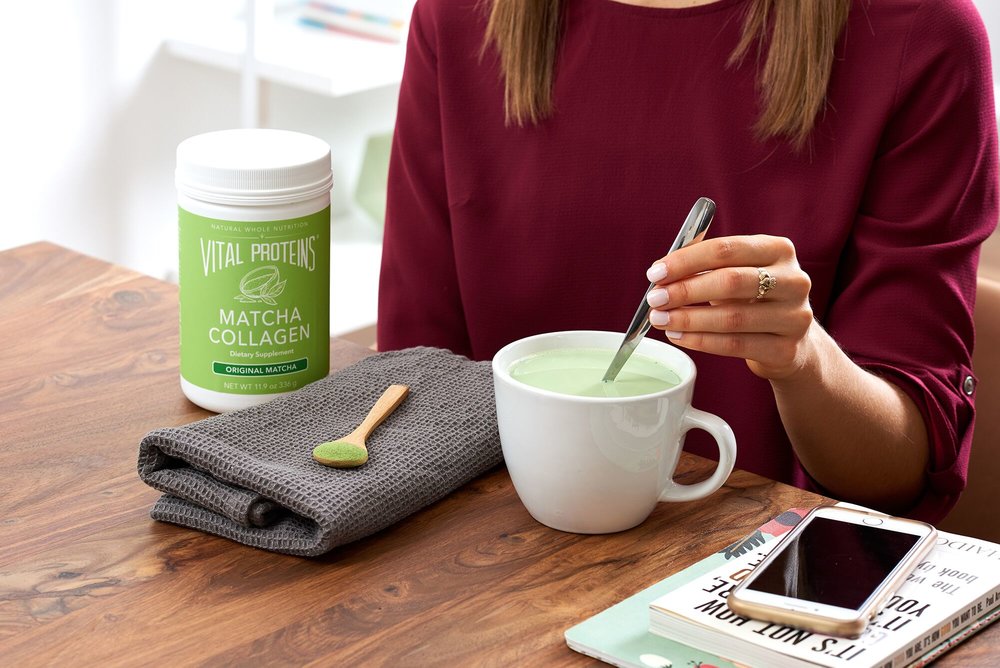 1 Scoop Vital Proteins Matcha Collagen 8oz Unsweetened Almond Milk (cold or hot) 1tsp Agave or Honey Blend in Vitamix or blender of choice for 30 seconds or until frothy. Enjoy!