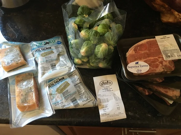 4 lamb steaks, 4 salmon filets, a large bag of brussel sprouts
