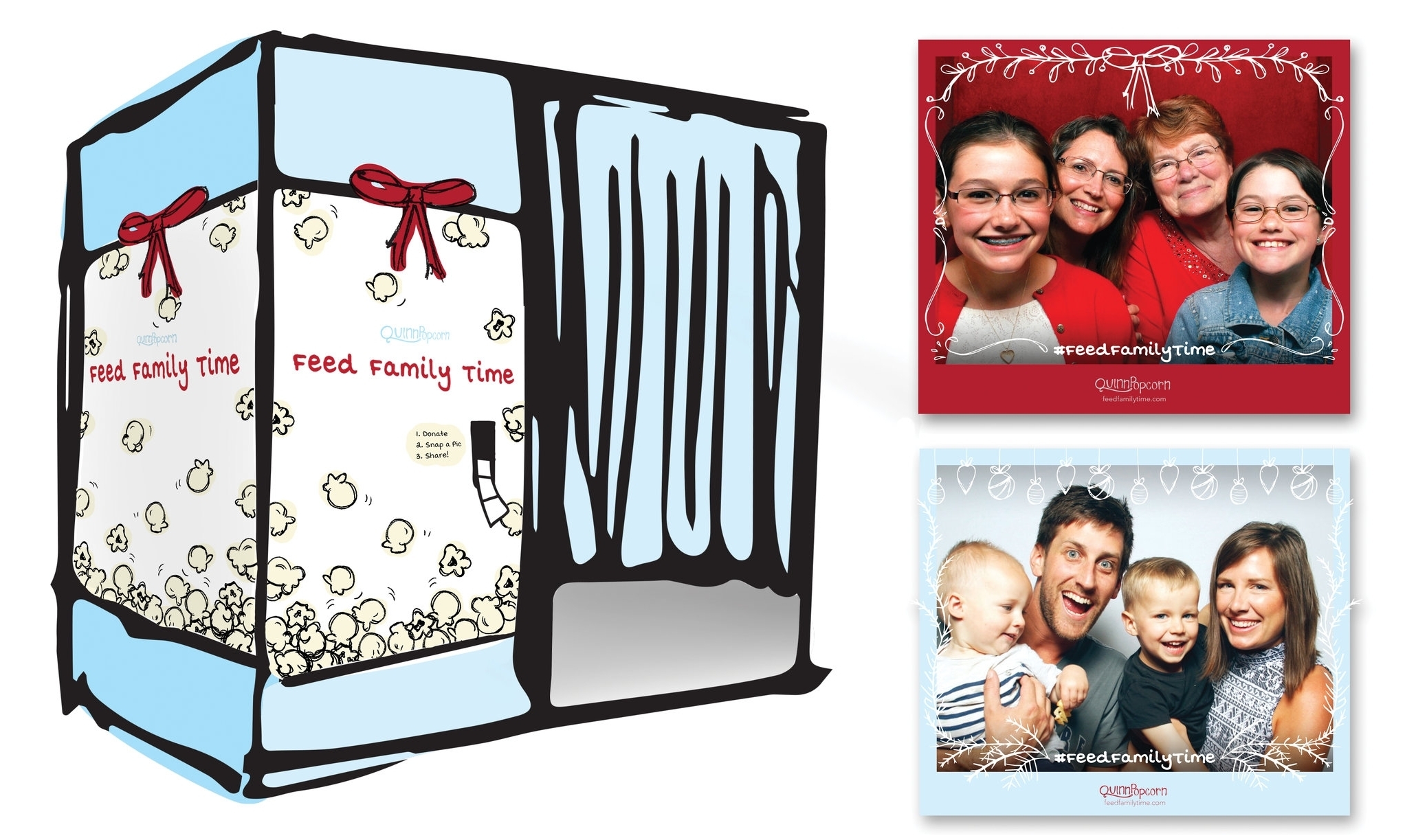   Holiday Photo Booth : Enter a booth outside your local grocery store, open the donation slot by scanning the book or movie’s barcode, snap a pic, select a frame and filter, and share. Can be redesigned for each season after the winter challenge end