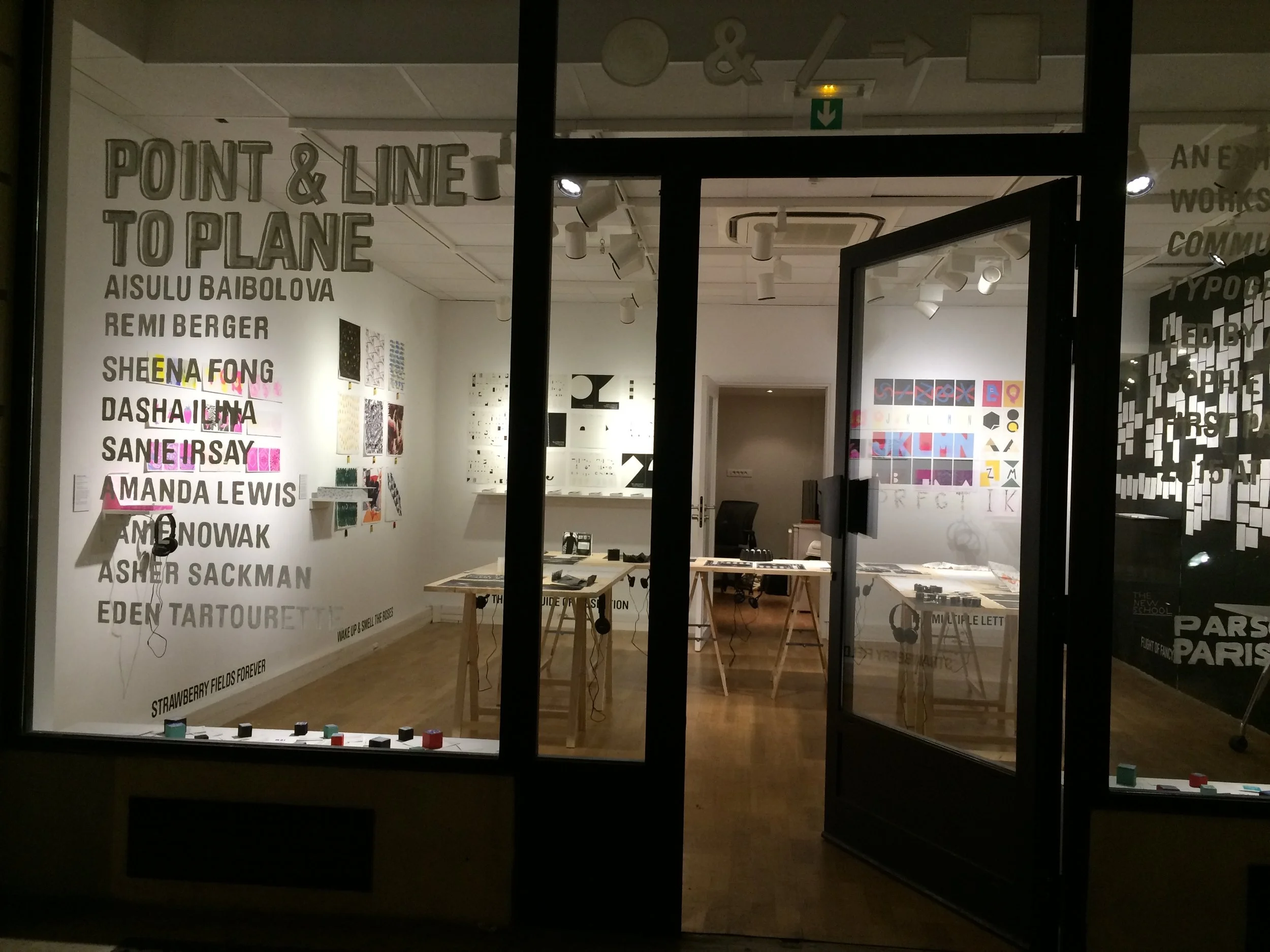 Exterior of Parsons Paris, with the gallery show information listed. 