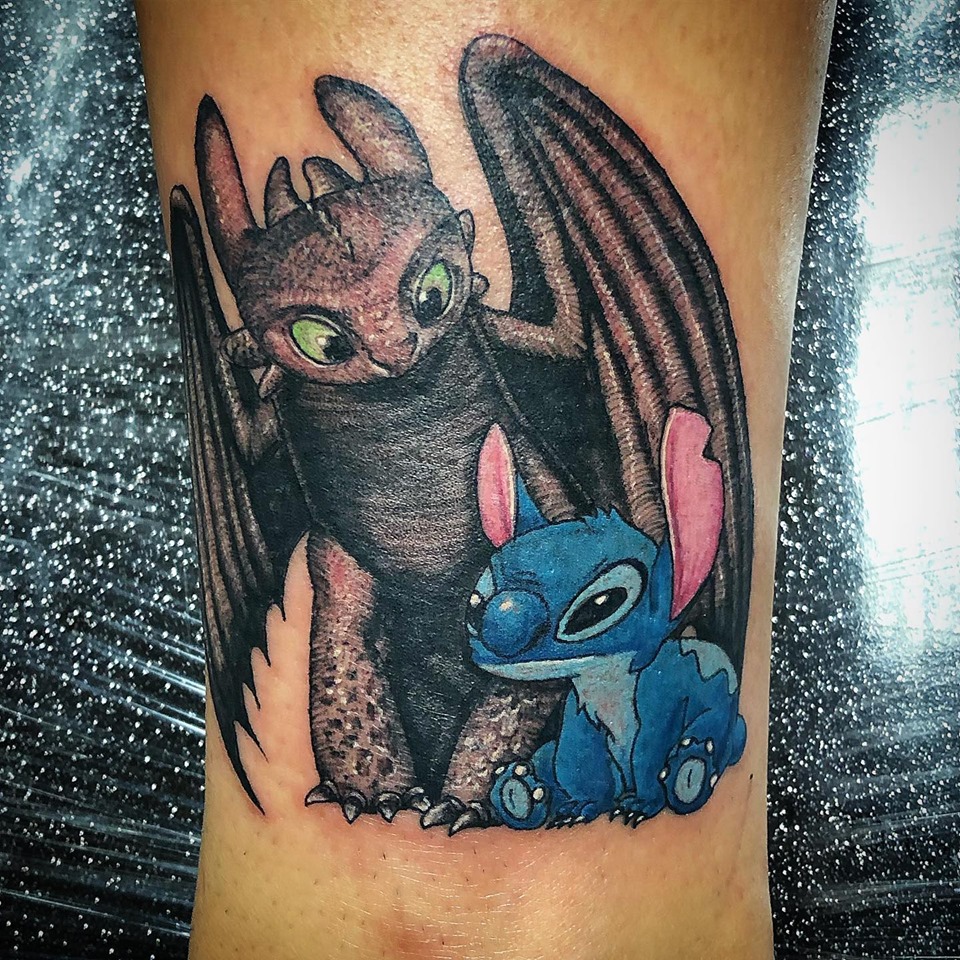 Great tattoo by Kevin Barrett at Grin And Bare It Tattoo Parlor in Ft  Mohave Az Always loved Stitch as a kid and wanted this as it reminded me  of my Yorkie