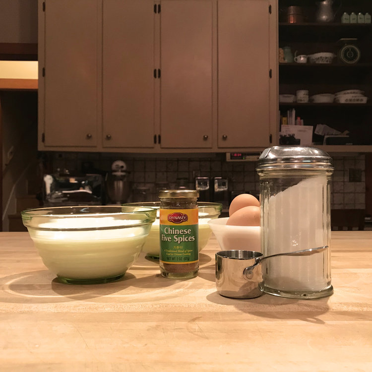 Another neurotic mise-en-place by yours truly. We keep that diner-style sugar pourers right on the counter- it's extremely convenient for cooking, not just sweetening coffee. There is no way you can get me to put sugar in my coffee anyhow.