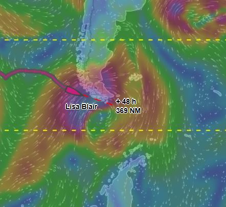 Trying to out run the storm. The red dotted line represents Lisa's anticipated position in 48hours. The image is of the weather as it is currently predicted winds in 48hours. The blue on the pink represents 50-60knot steady winds with gusts much higher.