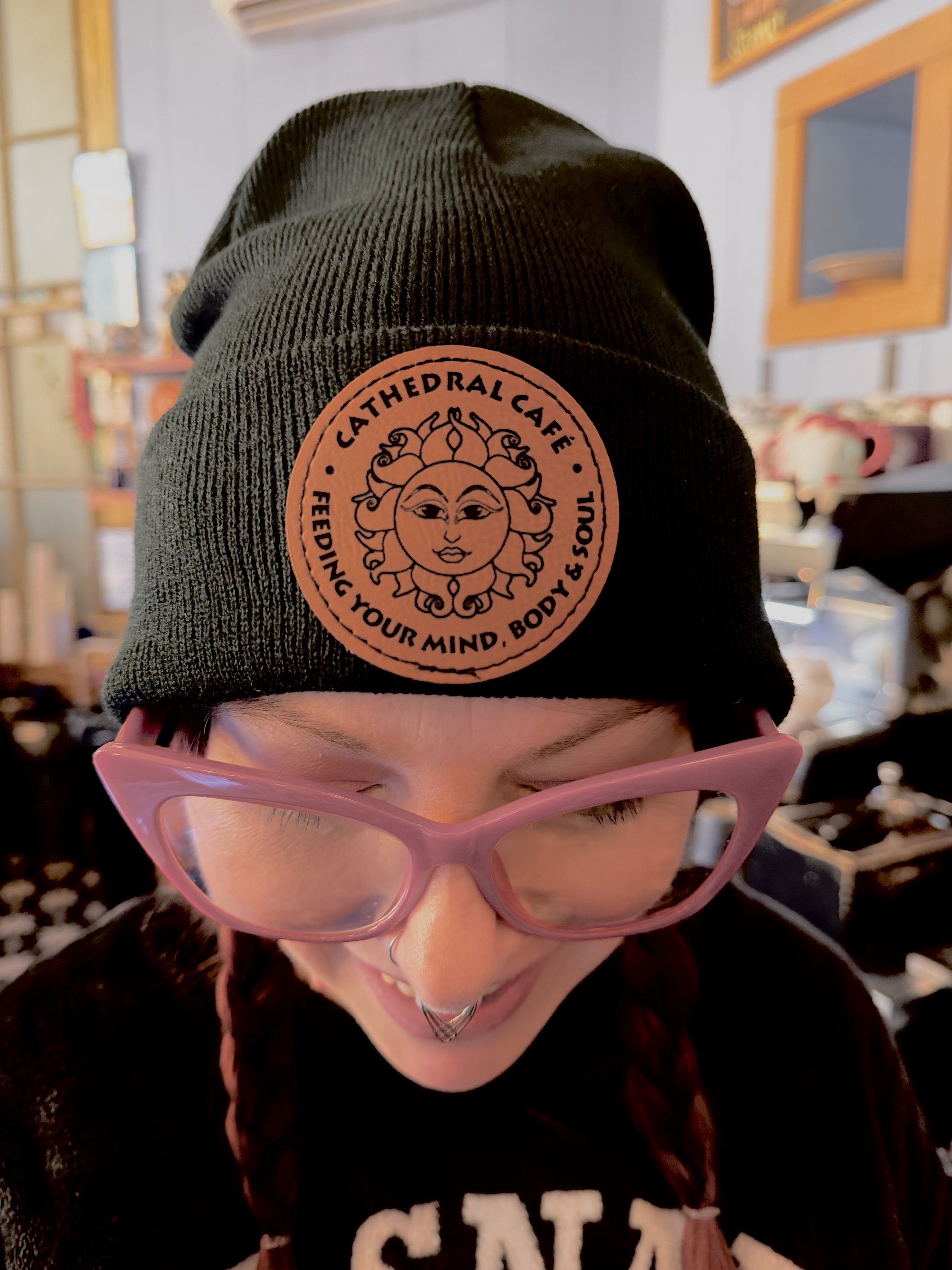 Cafe Beanie! - Black with Leather Logo - Shipping Included!