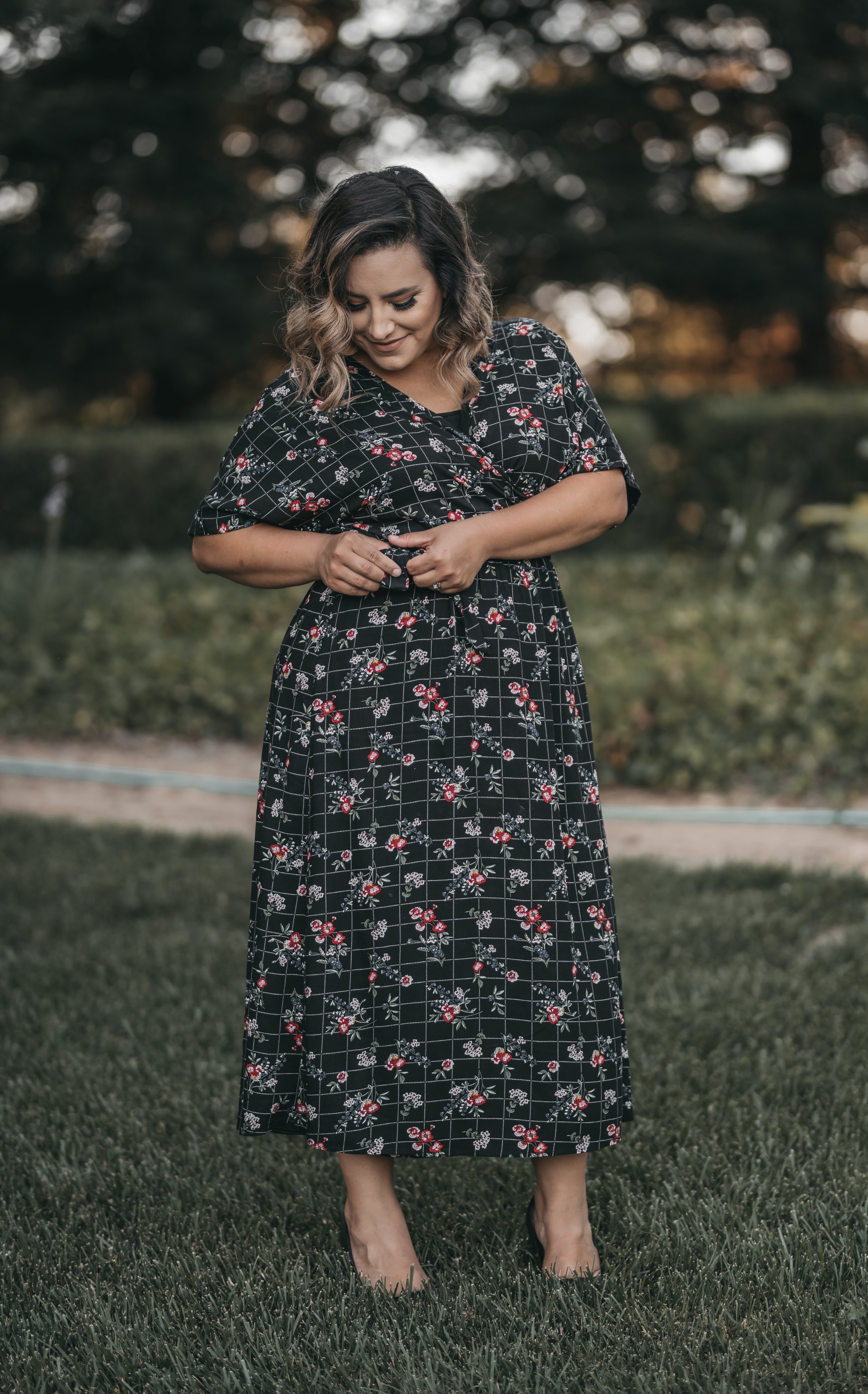 black floral midi wrap dress