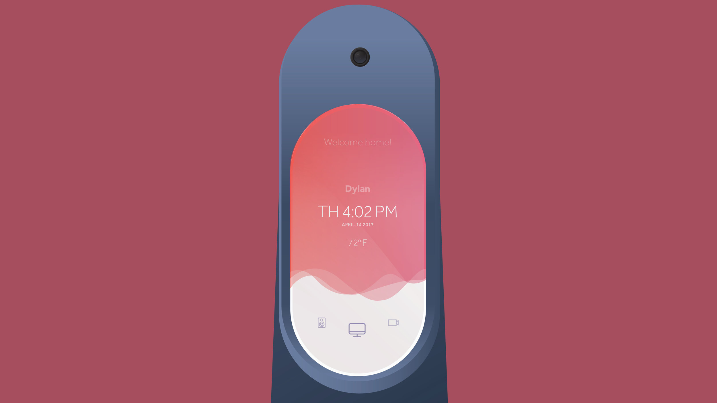 The interface lands on a screen, revealing the time, date and current temperature, as well as navigation to music, television and video chat features.