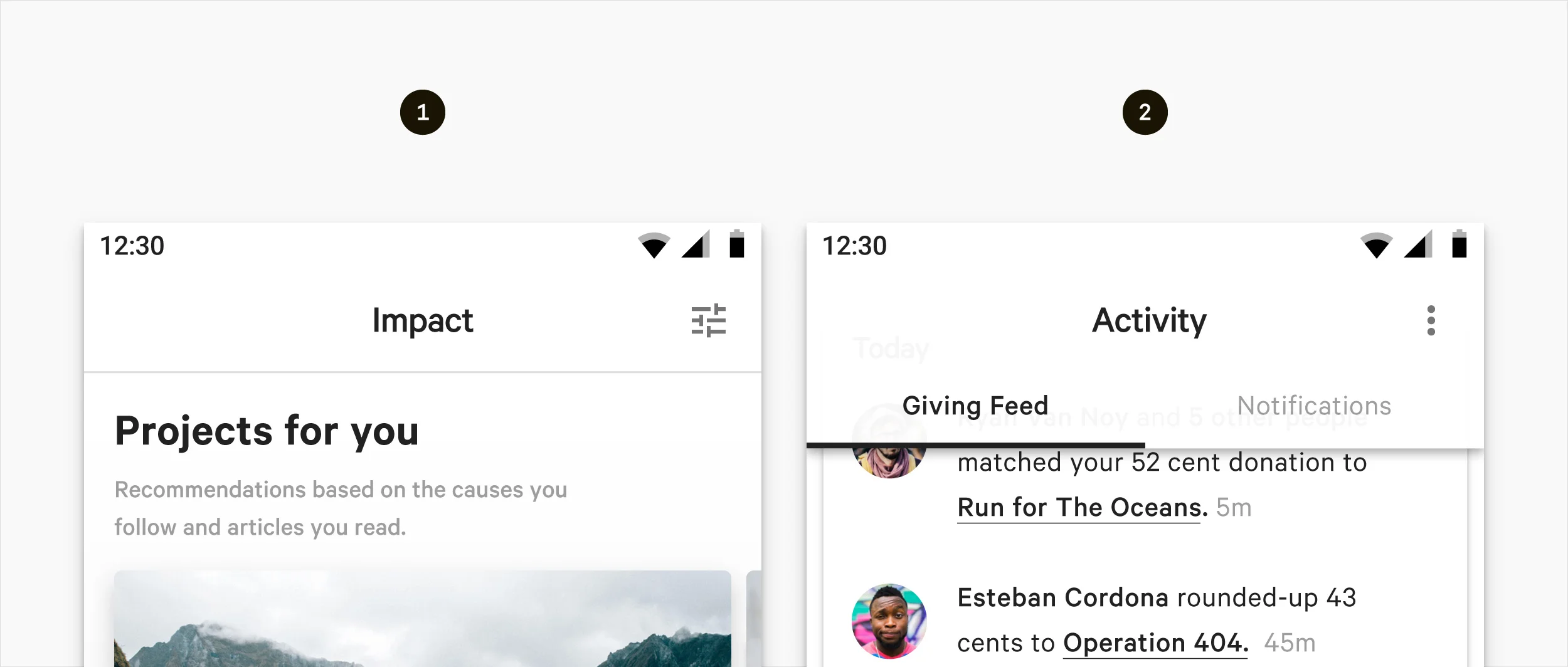 1) Regular Top App Bar 2) Prominent Top app bar with nested tabs.