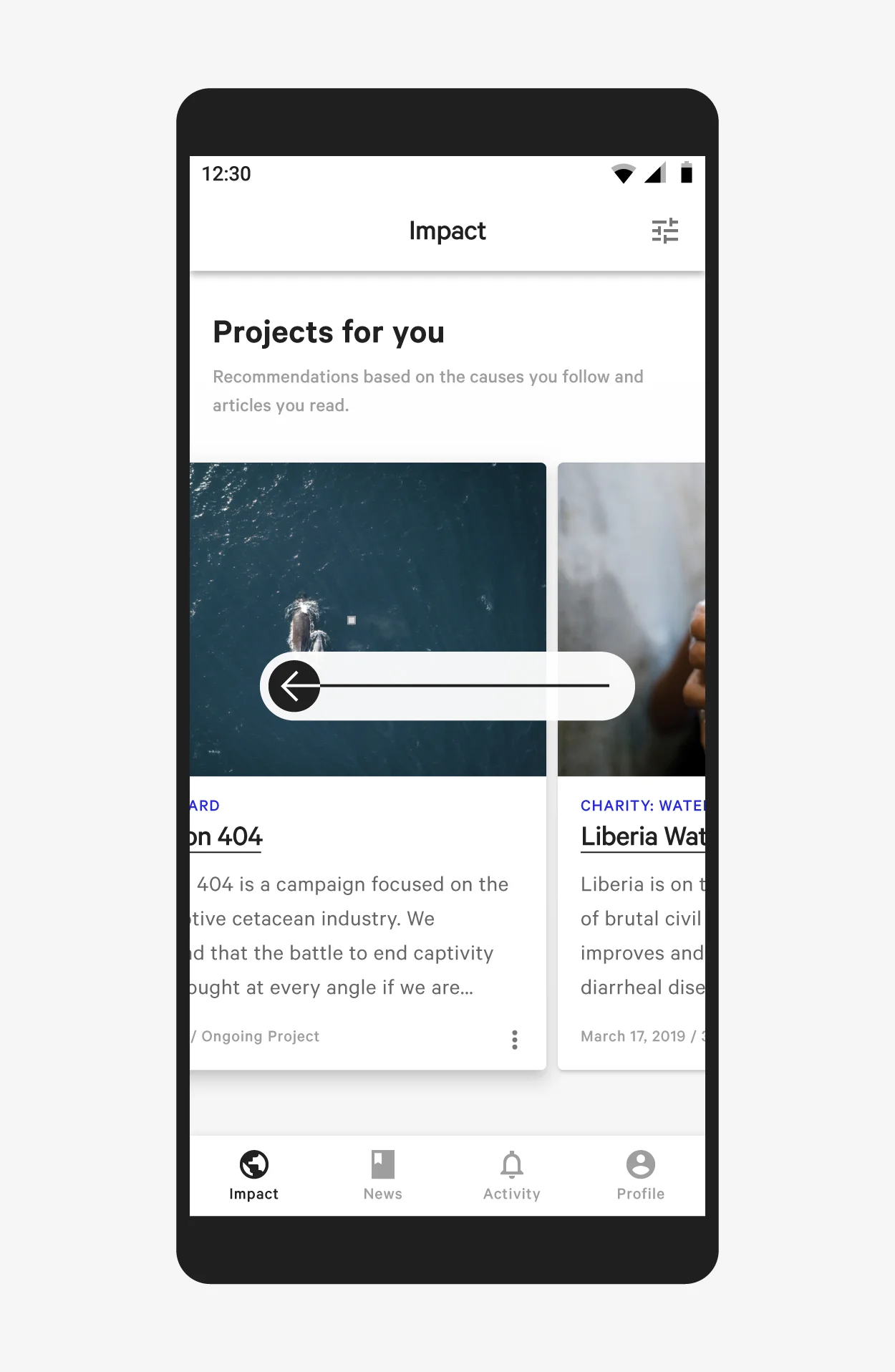 Scroll horizontally to reveal more giving project cards (resting at 2dp)