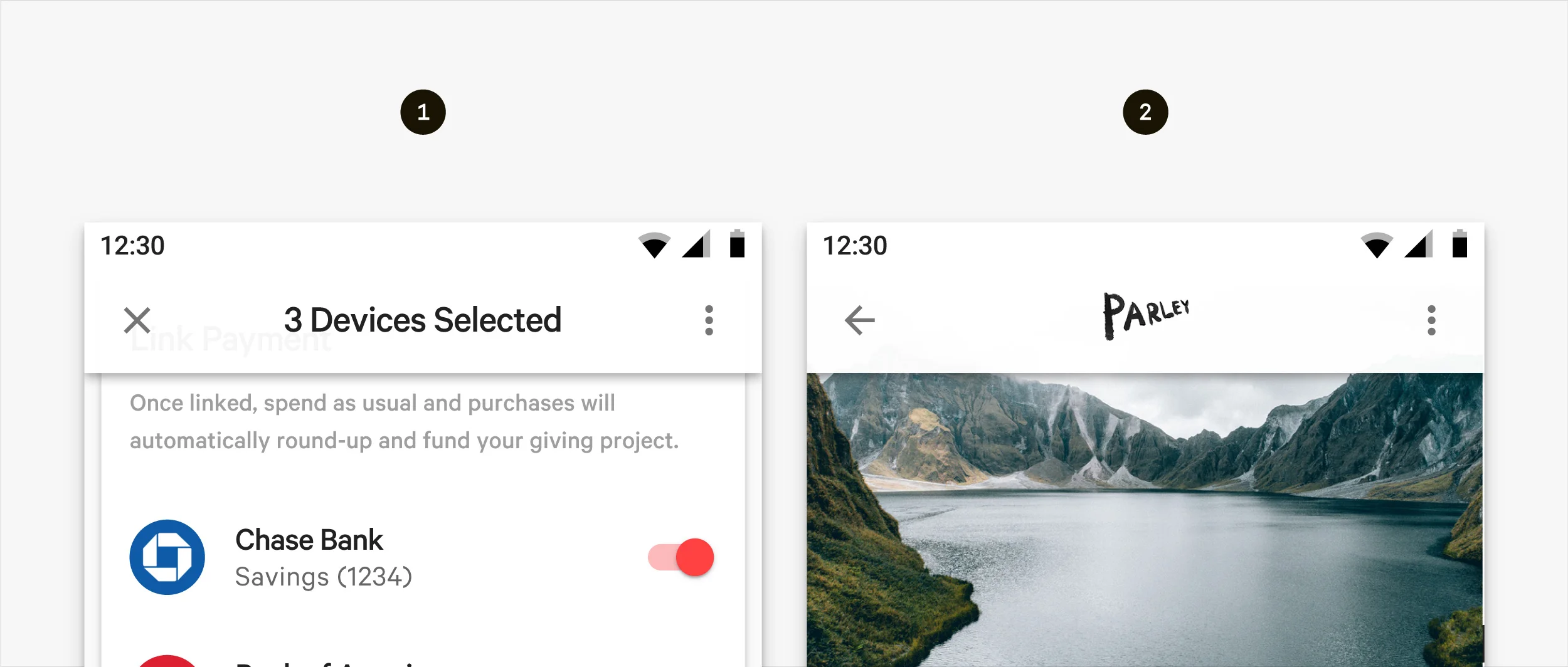 1) Contextual app bar with content selection 2) Contextual app bar with reverse peer navigation
