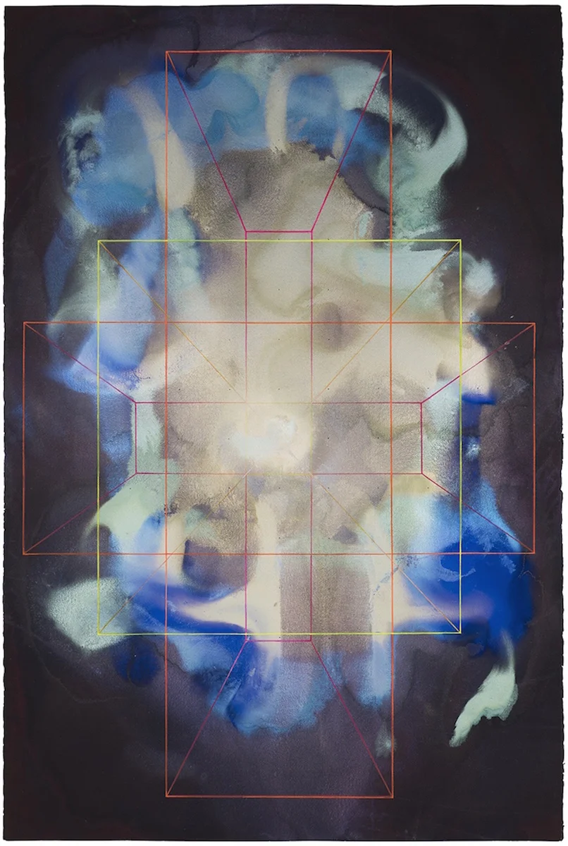 COME, HOVER, (above), ink, interactive pigments , fluorescent pen, paint and pencil on pierced paper,106cm wide by 150cm, 2016;