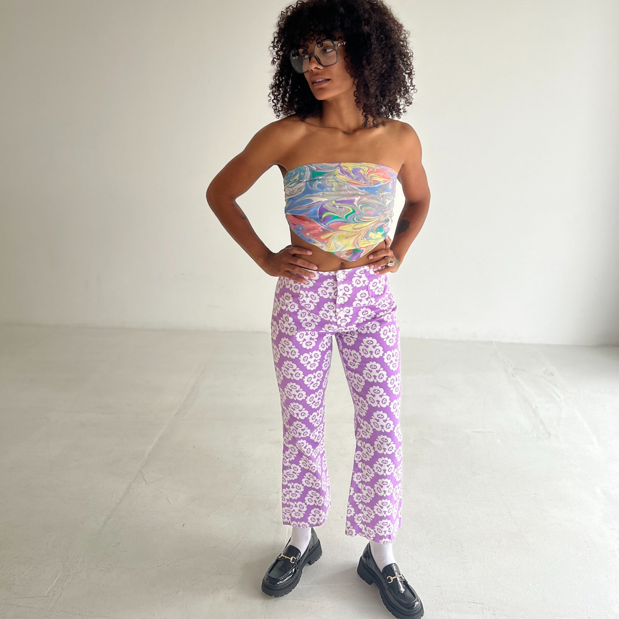 60s Purple Floral Motif Pants — La Loupe Vintage