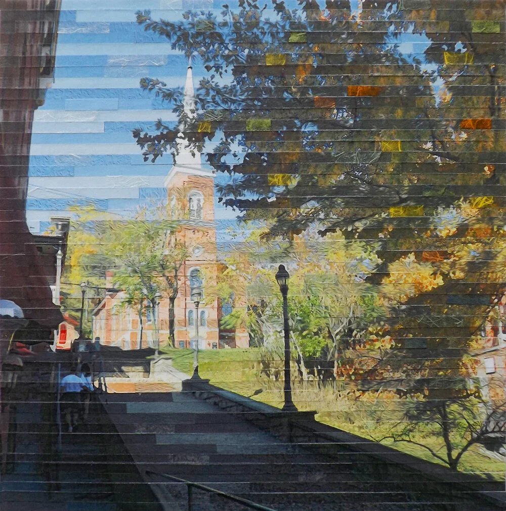 Lori Reed, Climbing, multiple digitally altered prints of a view in Galena, IL, cut into strips, pieced together, layered with handmade papers, 12'“x12”, $315