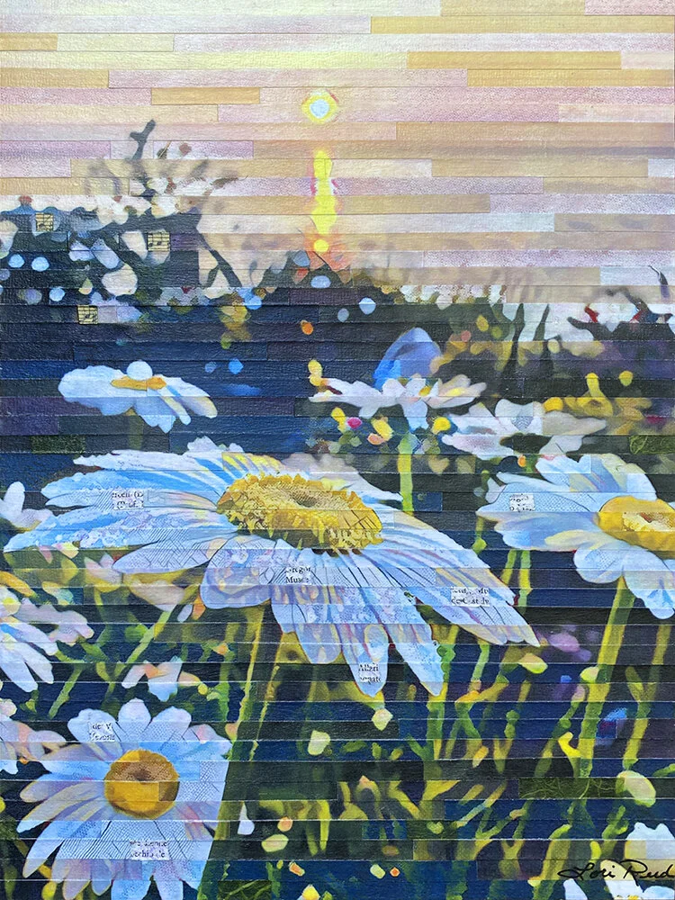 Lori Reed, In the Moment, multiple digital alterations of a photo of daisies at sunrise, cut and pieced together, additions of handmade papers, abraded book text, 12”x9”, $235