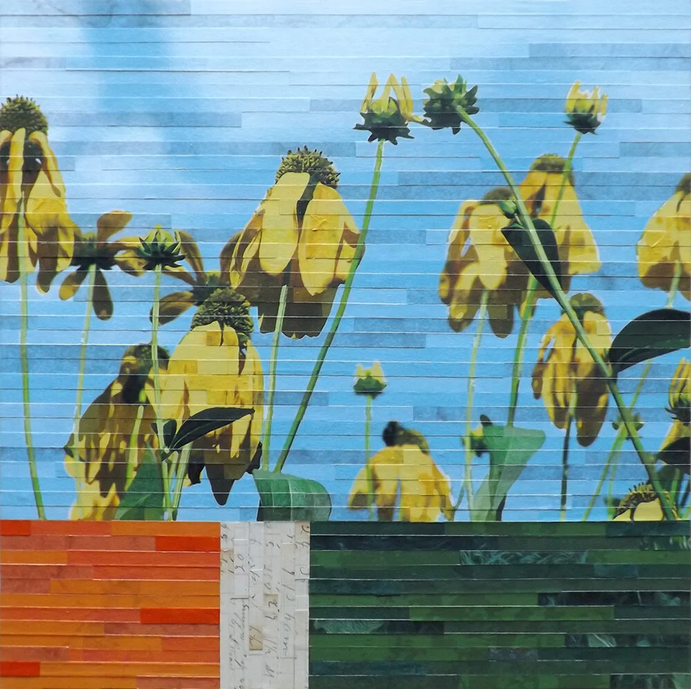 Lori Reed, Fields of Color, multiple digitally altered prints of flowers cut into strips and pieced together with handmade papers, ledger paper, and leftover strips from other collages, 12”x12”, $315