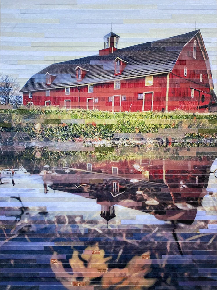 Lori Reed, Reflections of an Old Soul, multiple digital alterations of a photo of Walnut Grove Barn, cut and pieced together, additions of handmade papers, vintage postage stamps, 16”x12”, $420