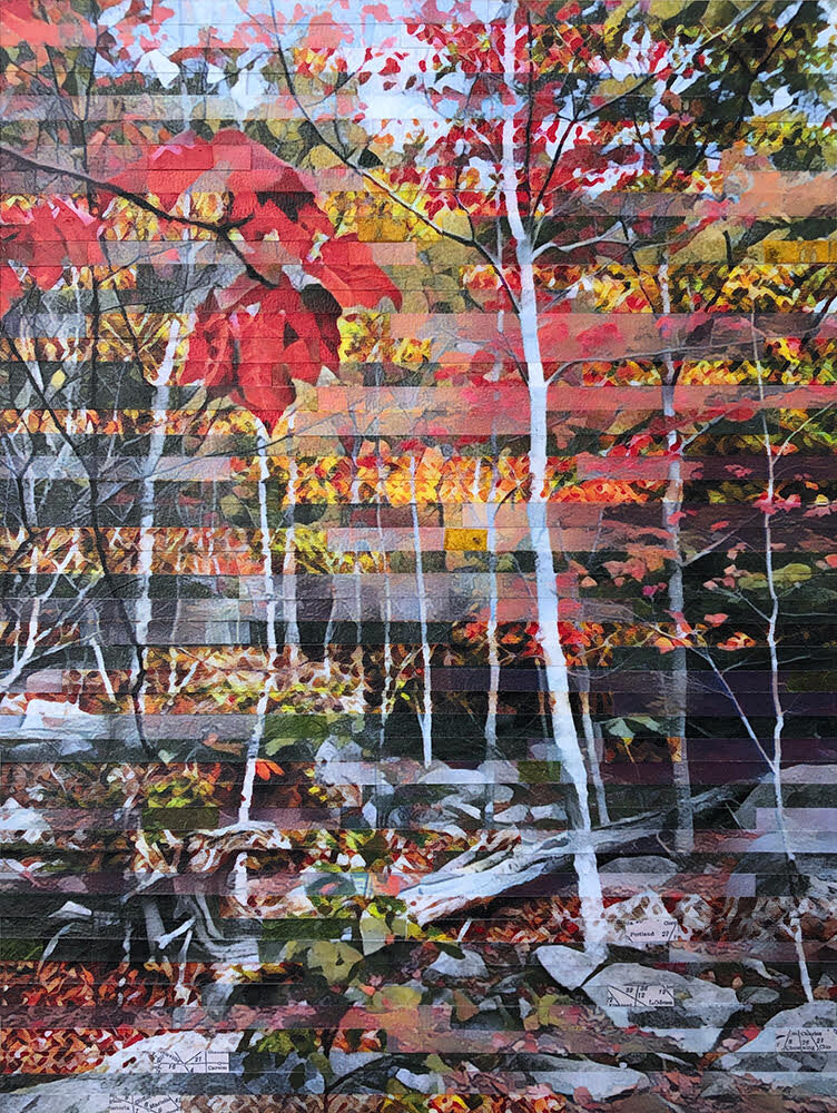 Lori Reed, Temple of Trees, multiple digital alterations of a photo of an autumn woods, cut and pieced together, additions of pieces of a 1934 RR distance map and handmade papers, 12”x9”, $235