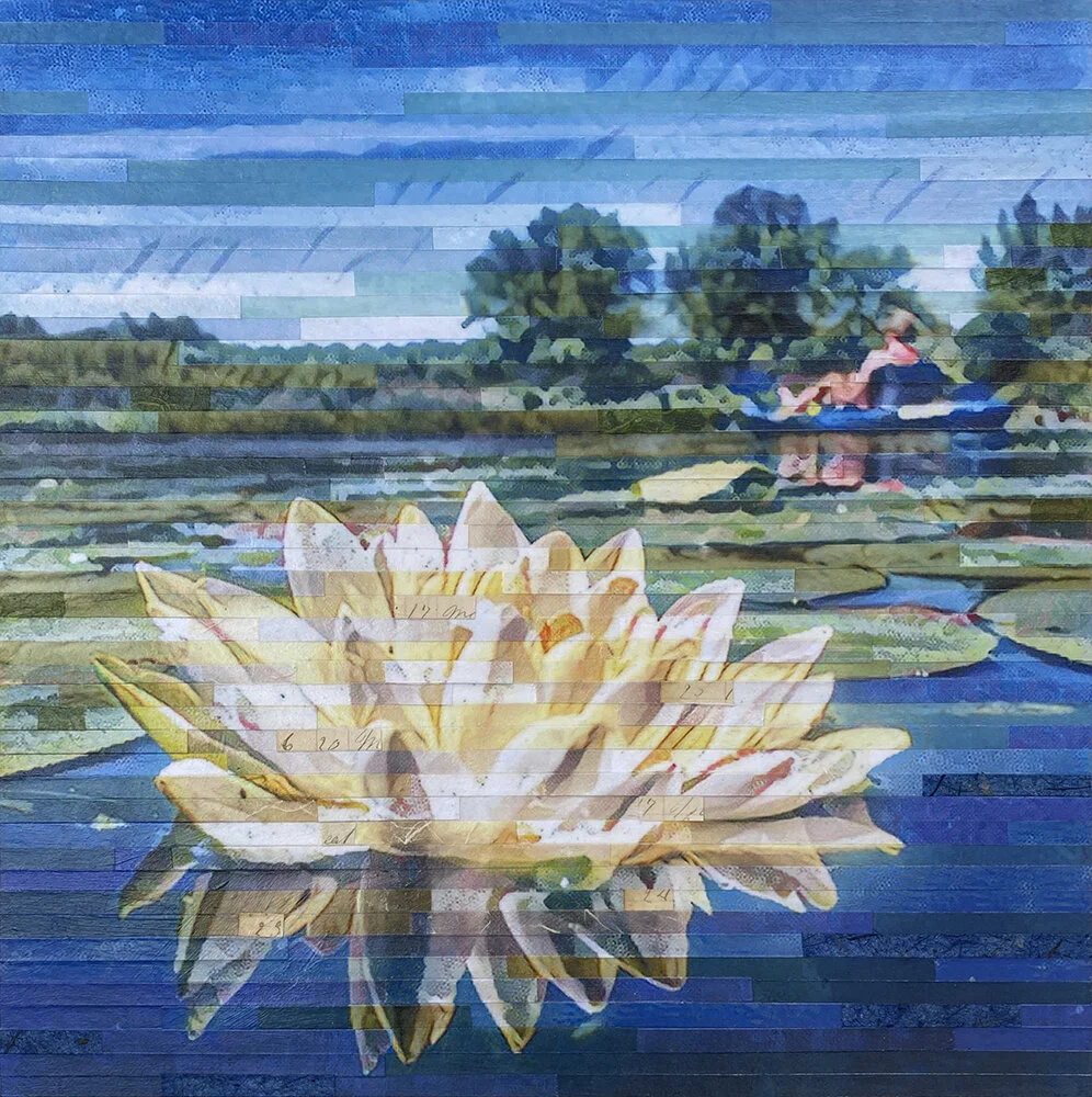 Lori Reed, The Nature of Joy, multiple digital alterations of a photo, cut and pieced together, additions of handmade papers, colored pencil, and 1879 store ledger, 12”x12”, $315
