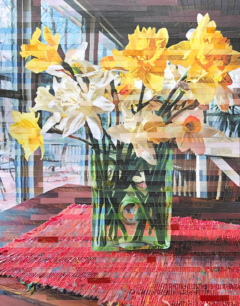 Lori Reed, Outside In, multiple digital alterations of a photo of a bouquet, cut and pieced together, additions of handmade papers and pieces of an 1864 textile mill’s accounting ledger, 14”x11”, $335