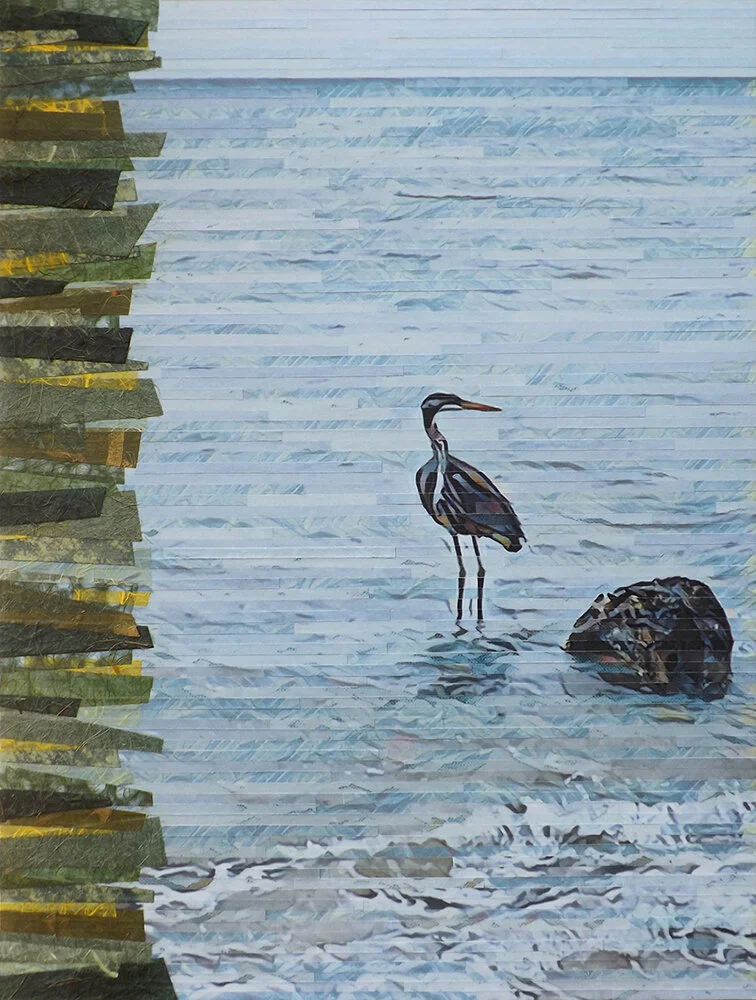 Lori Reed, Sifting the Surf, multiple digitally altered prints of a great blue heron cut into strips and pieced together with handmade papers, 24”x18”, $850