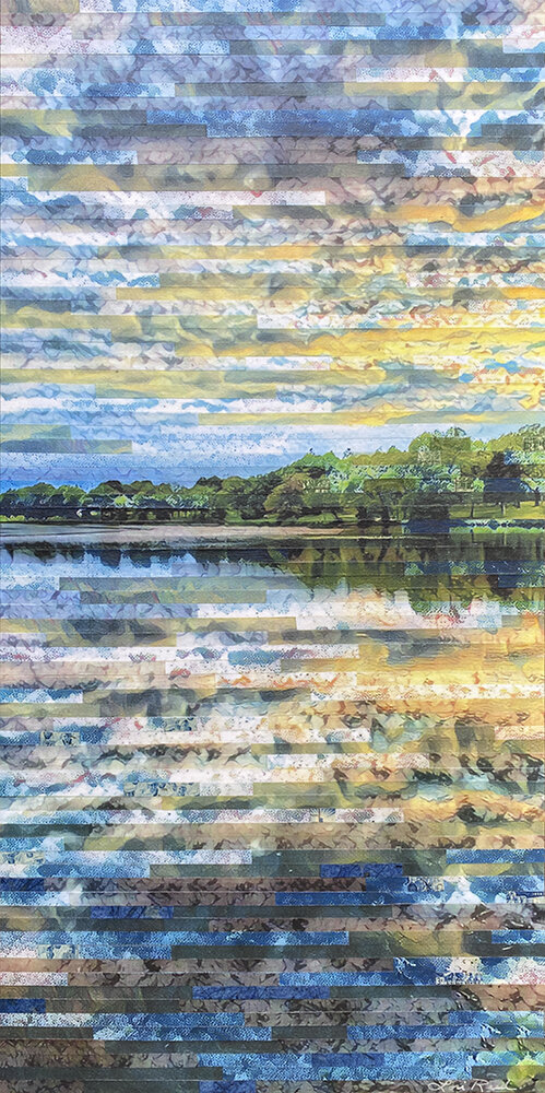 Lori Reed, Reflected Reality, multiple digital alterations of a photo of a sunset scene at Lake Storey in Galesburg, IL, cut and pieced together, additions of handmade papers, vintage postage stamps, 20”x10”, $440