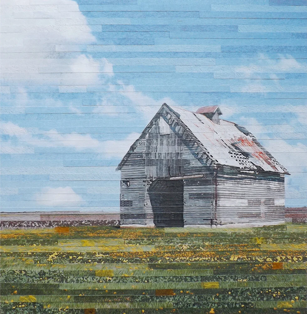 Lori Reed, Survivor, multiple digitally altered prints of a corn crib cut into strips and pieced together with handmade paper, 12”x12”, $315