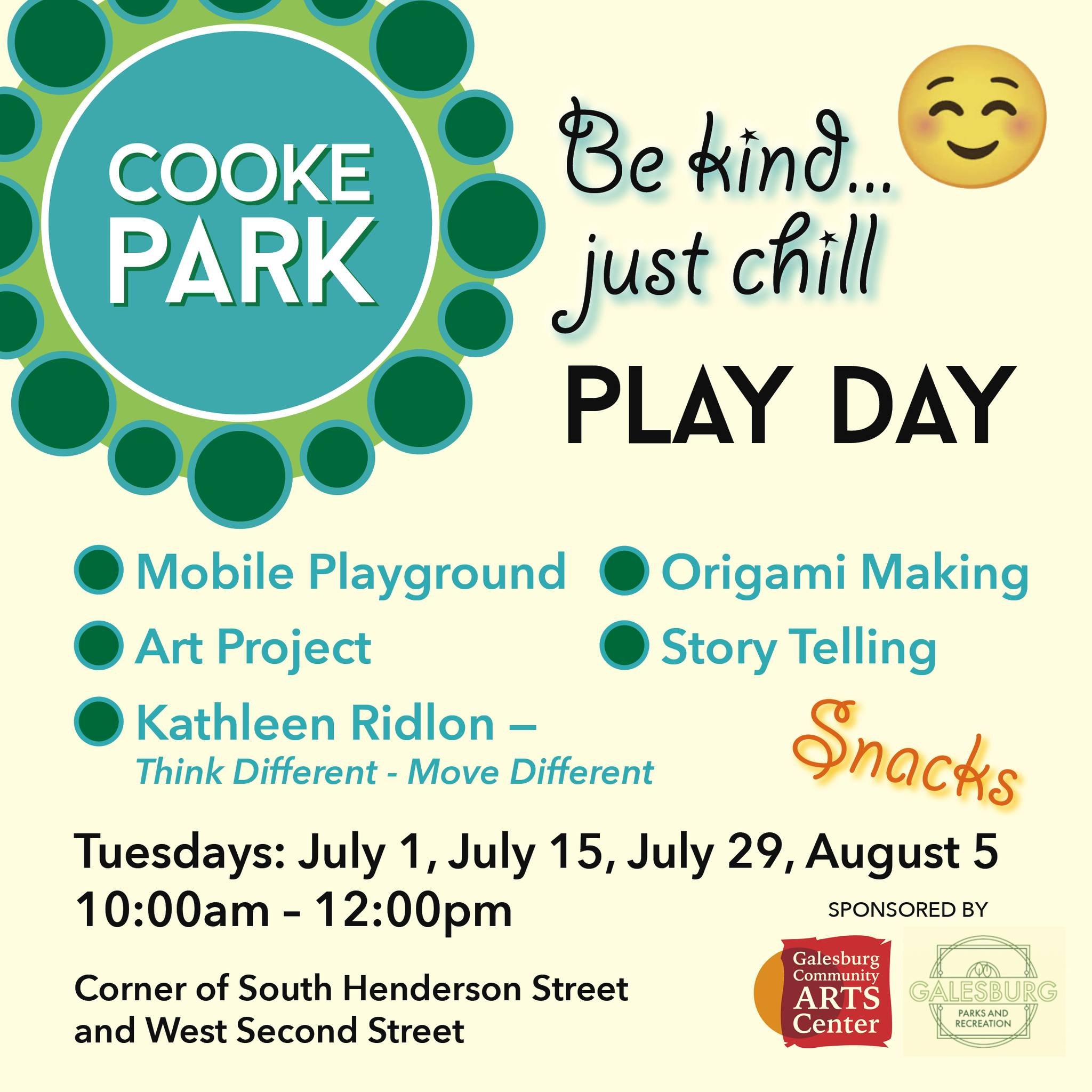 Come play, run, and have fun at the upcoming Cooke Park Play Days! ☀️ Play Days are FREE and will be held on Tuesdays (July 1, July 15, July 29, and August 5, 2025) from 10am -12pm. 

Bring the kiddos to Cooke Park (corner of South Henderson and West