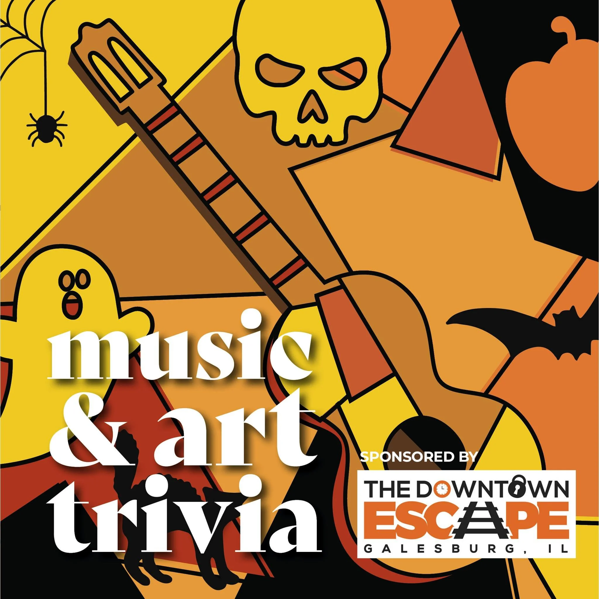 Don't miss out on a night of 🕸 SPOOKY MUSIC &amp; ART TRIVIA on Saturday, October 25th at the Galesburg Community Arts Center (349 East Main Street). Doors open at 5pm, and trivia starts at 6pm. 

Food truck from Smokin&rsquo; Willies BBQ, plus popc