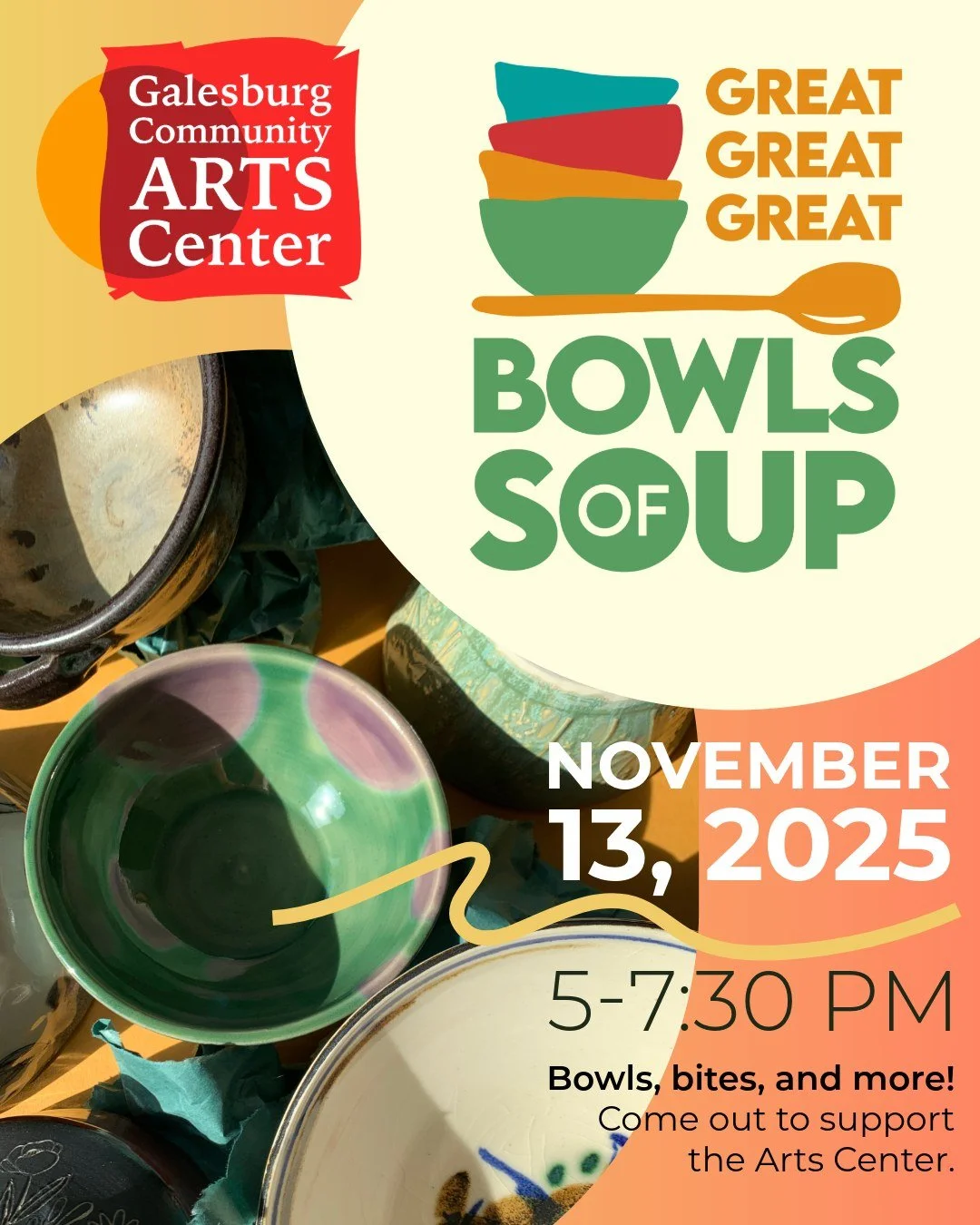 Join us for 3 floors of fun at our annual Great-Great-GREAT Bowls of Soup Fundraiser! β¨ 
This year, we invite you to celebrate 17 years of GBOS on all 3 levels of the Arts Center. Start the night off by exploring the building to select your favorite