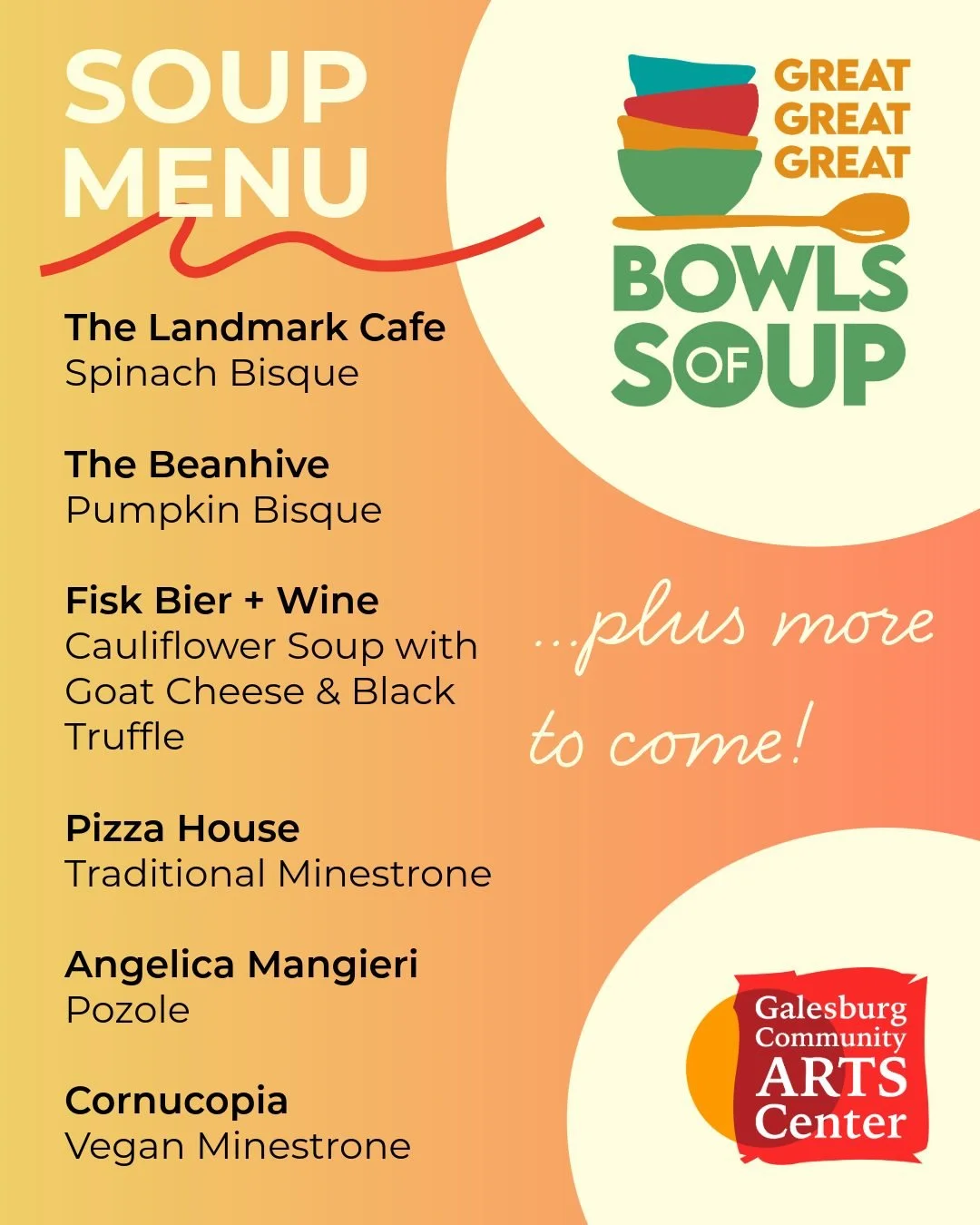 Feelin' hungry? 🍽 These are just a handful of the soups you'll be able to enjoy at our Great-Great-GREAT Bowls of Soup event on November 13! Stay tuned for additional soup flavor announcements in the coming days. 

Still need a ticket? Purchase one 