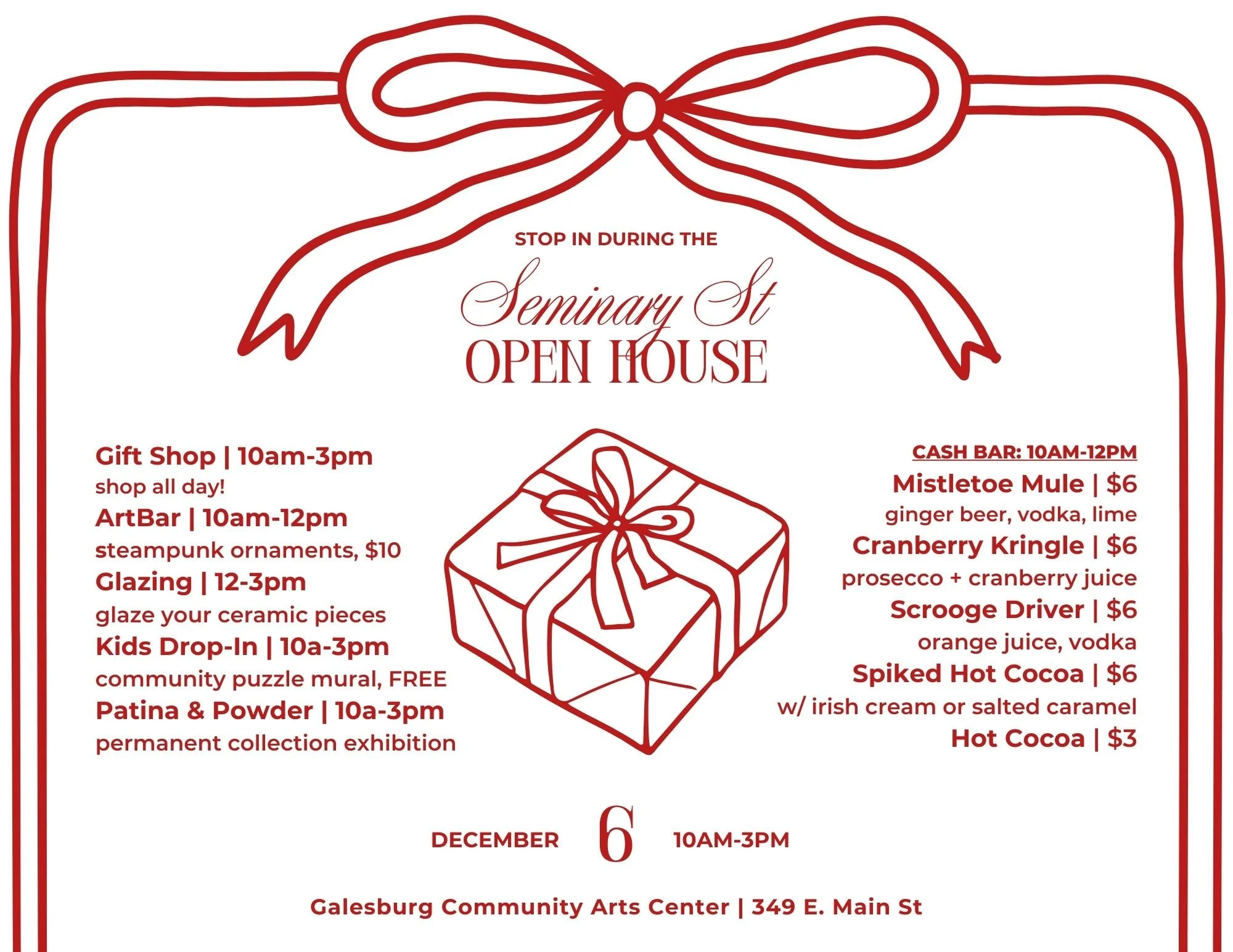 We've got some fun + festive activities at the arts center for you this weekend! Stop in on Saturday, December 6th from 10am-3pm to join in on the fun in downtown Galesburg during 🎄 Seminary Street's Holiday Open House. 

Art, seasonal libations, ca