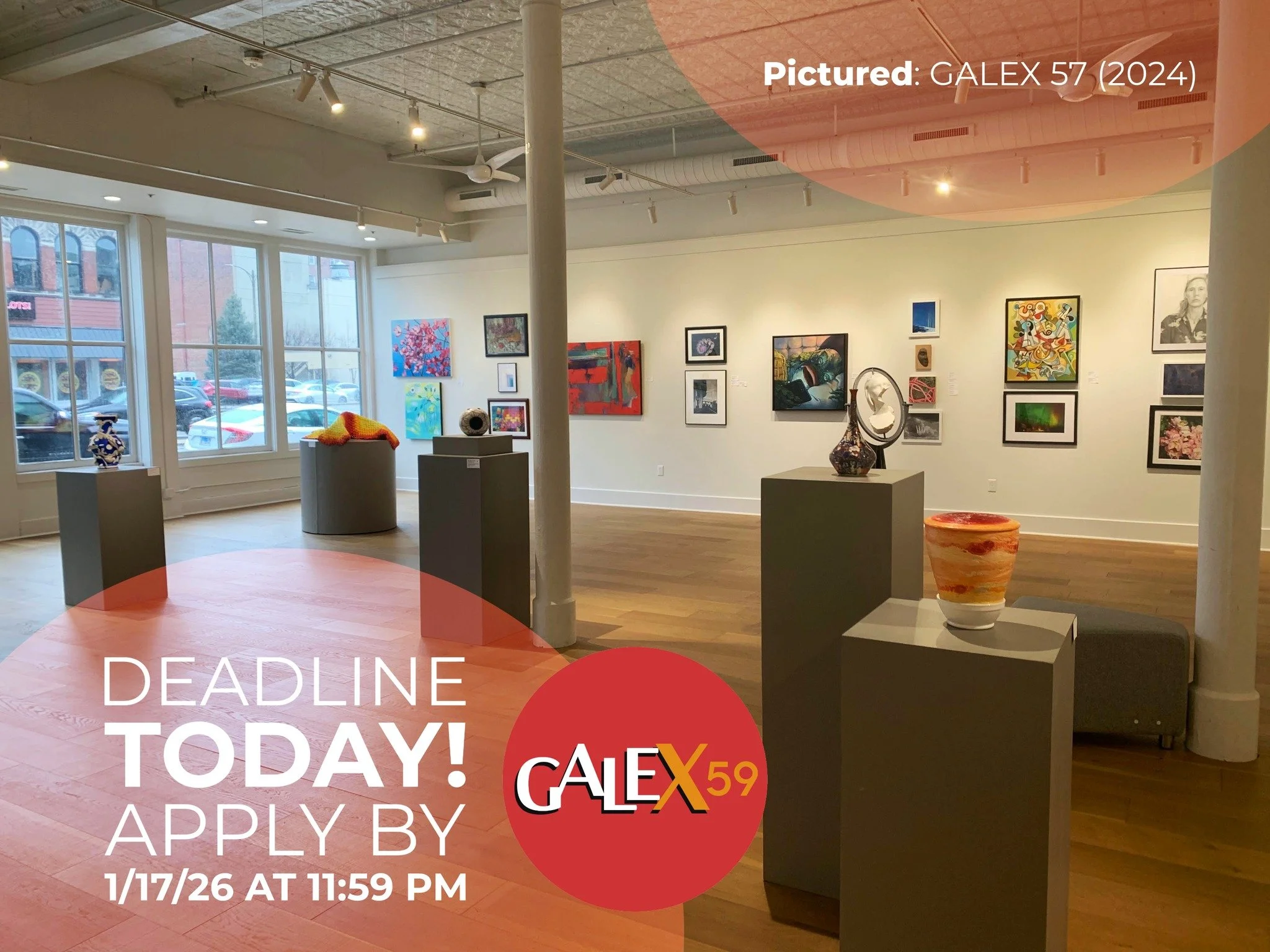 🚨THE DEADLINE to APPLY to GALEX 59 IS TONIGHT at MIDNIGHT (Saturday, 1/17/26 at 11:59pm, Central)! Don't forget to submit 👉 https://artist.callforentry.org/festivals_unique_info.php?ID=16448

🔸 ENTRY FEE: $25 (All others) / $20 (GCAC Artist-Member