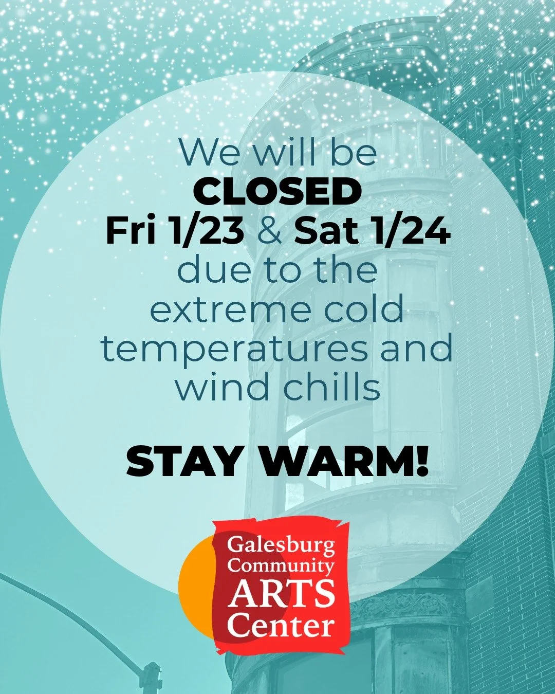 Due to the predicted extremely 🌨️ 🧊 cold temperatures this weekend, the arts center will be 🚨 CLOSED on Friday, January 23rd &amp; Saturday, January 24th, 2026. 

Saturday's scheduled 🎨 Kids' Month session will be *rescheduled* for Wednesday, Feb