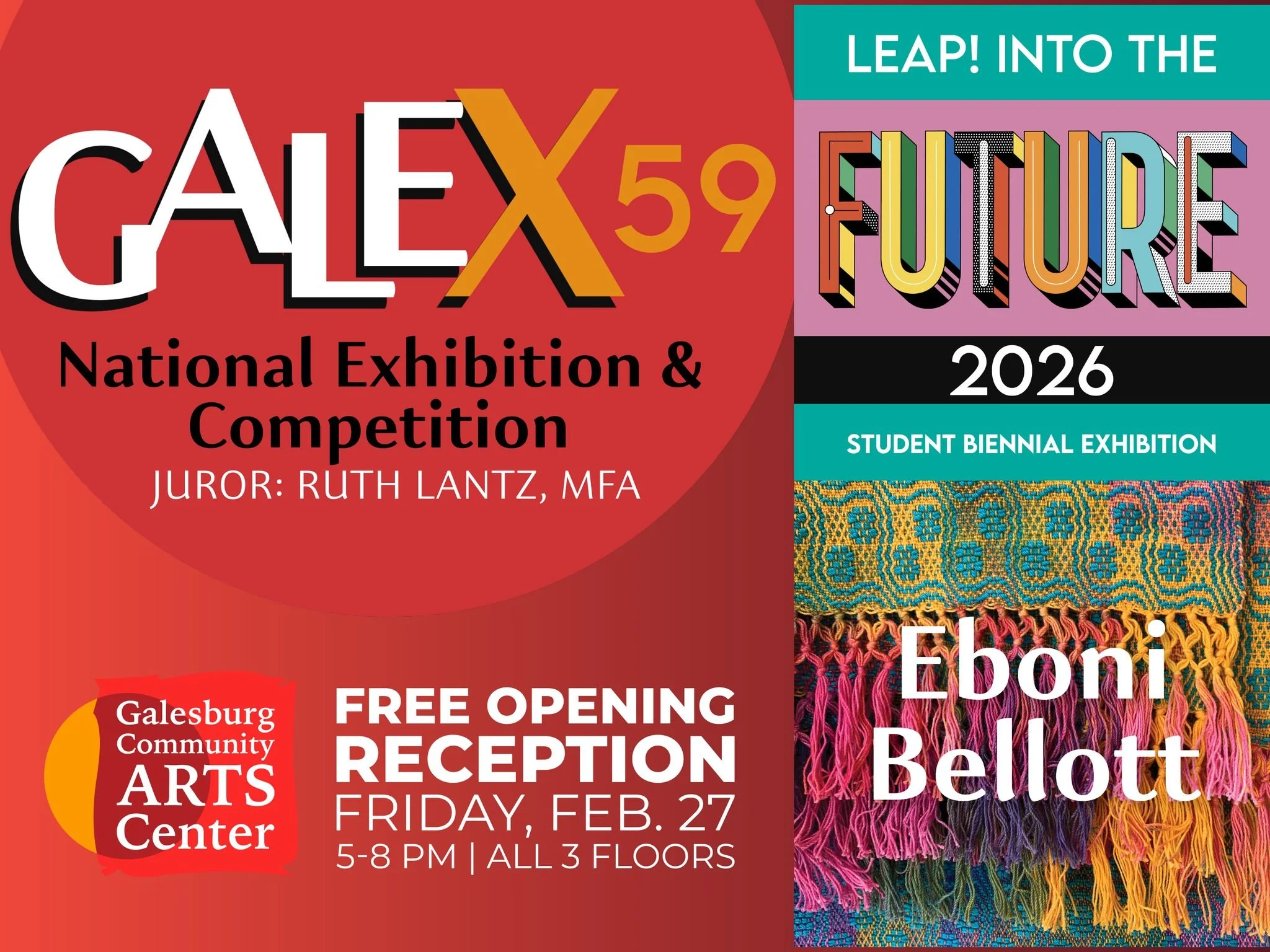 Be sure to join us on FRIDAY, FEB. 27 from 5-8pm for a FREE opening reception celebrating exhibitions on all three floors of the arts center! ✨

🖼  1st Floor Mark &amp; Jeannette Kleine Main Gallery: GALEX 59, Juror Ruth Lantz
🖼  2nd Floor R.A.I.L.