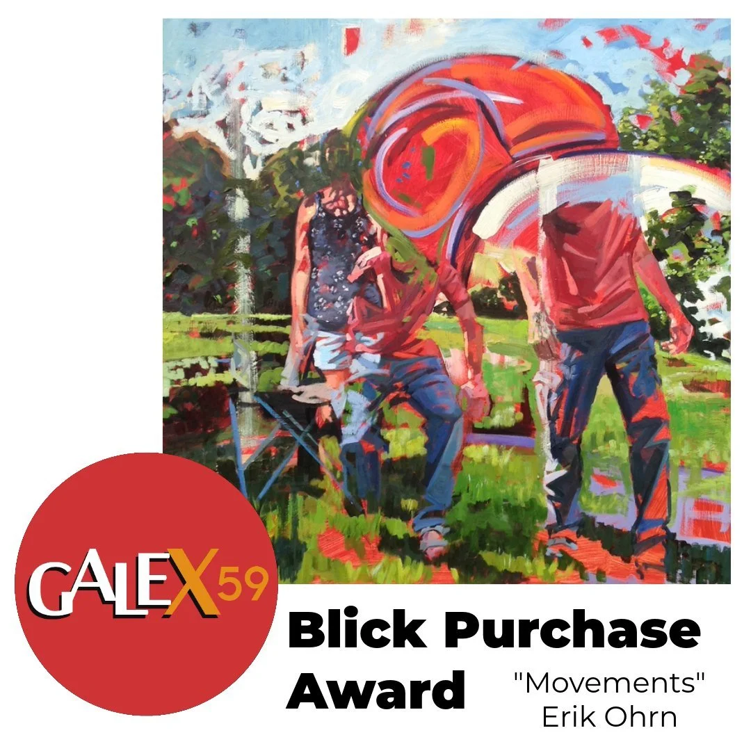 We are excited to announce the award winners for GALEX 59! 🏅 Our juror, Ruth Lantz, has made the following selections:

🔸 BEST IN SHOW (BLICK PURCHASE): "Movements" by Erik Ohrn 
🔸 MERIT AWARD: "5:51 Windows" by Kimberly Rodey
