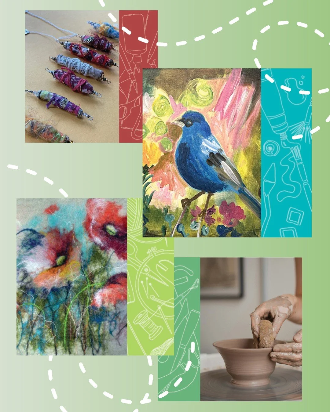 Looking to try something new? ✨ Perhaps you'd like to paint with fiber, take the wheel for a spin, or loosen up those brushstrokes? If so, register for one of our upcoming classes! 

With a variety of workshops scheduled through June, there's somethi
