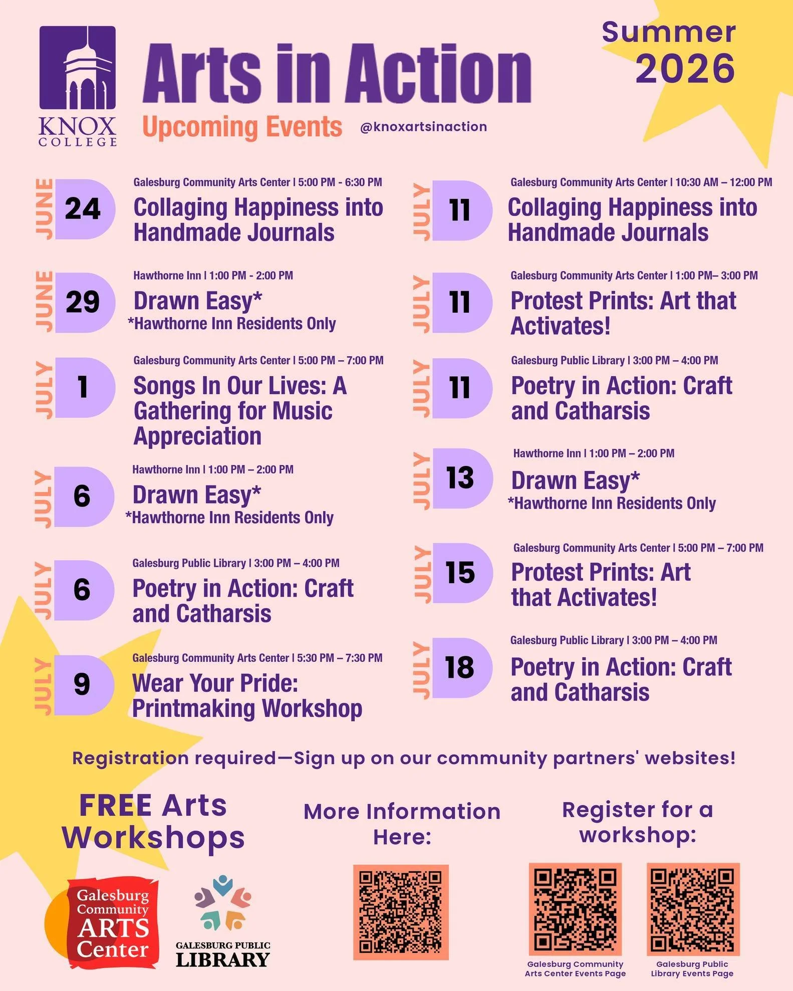 Arts in Action is nearly here! ⭐️ In partnership with Professor Kathleen Ridlon and her Arts in Action course, Knox College students will be offering a series of 💫 FREE creative summer workshops throughout the community this June + July. 

Learn mor