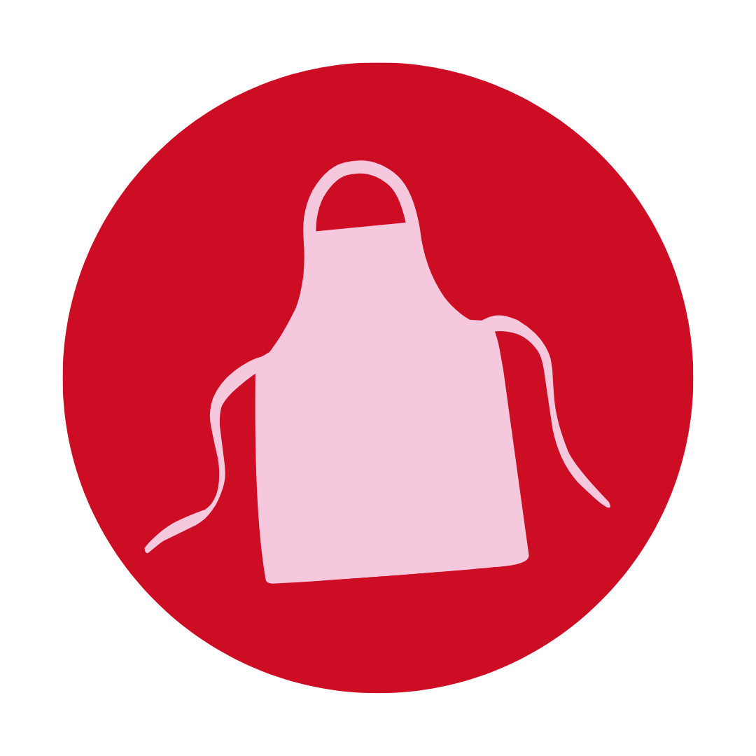 Graphic of a pink apron with ties, centered on a red circular background.