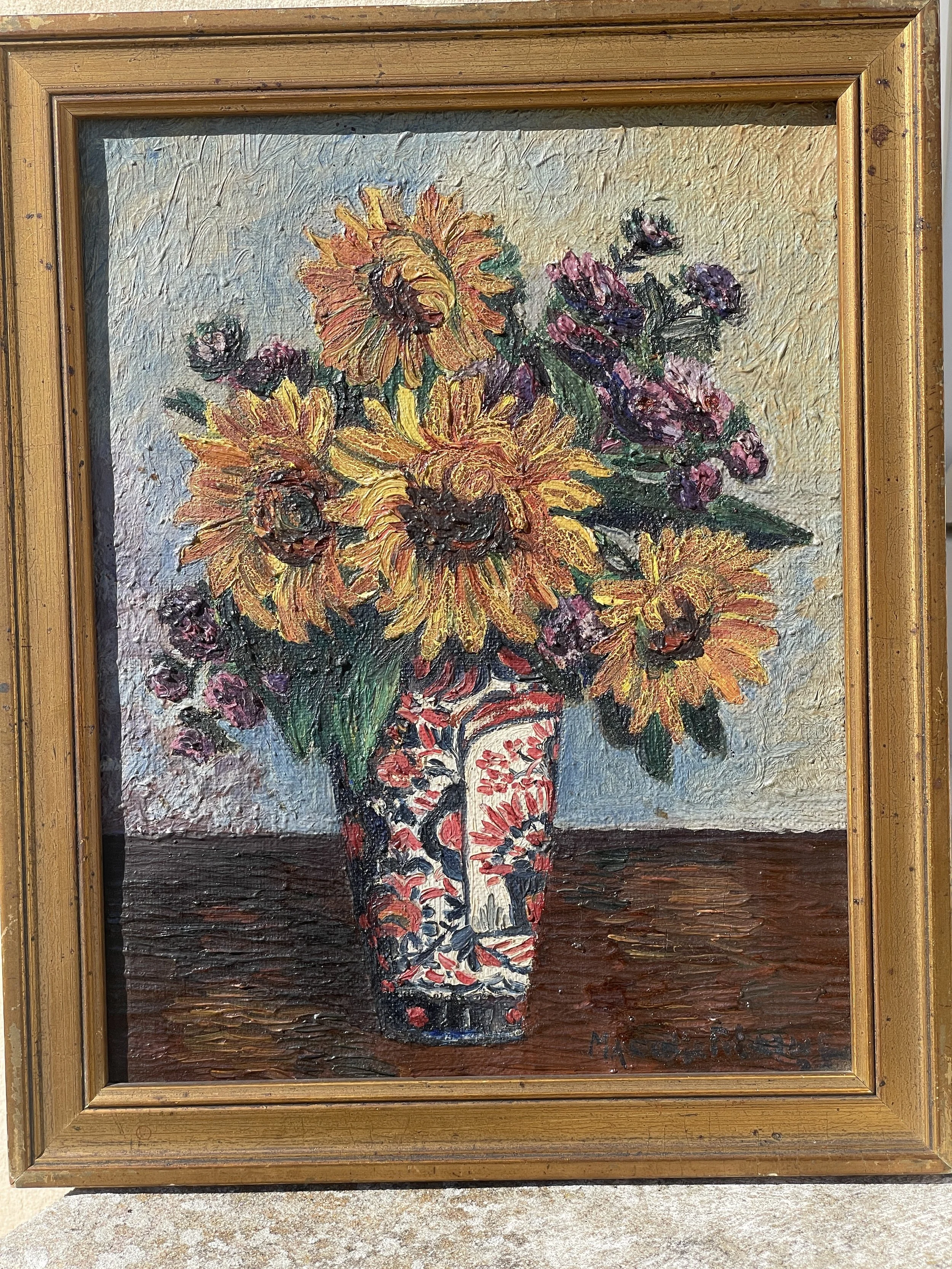 Still Life oil painting of a Vase of Sunflowers