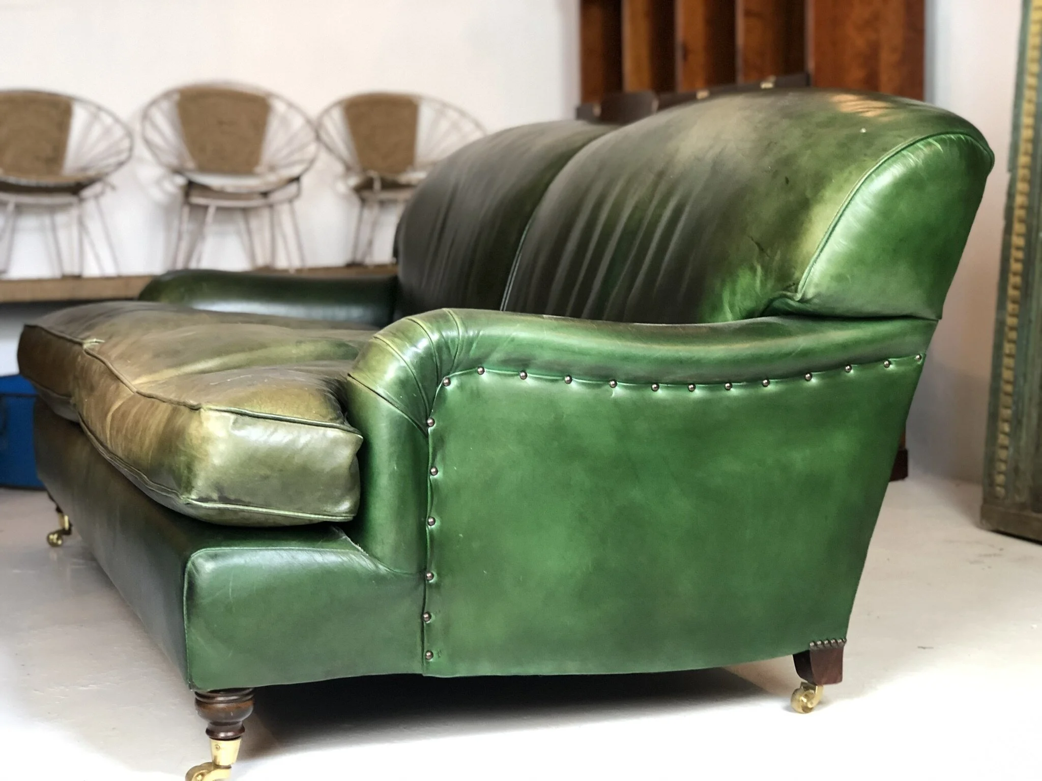 green leather sofa